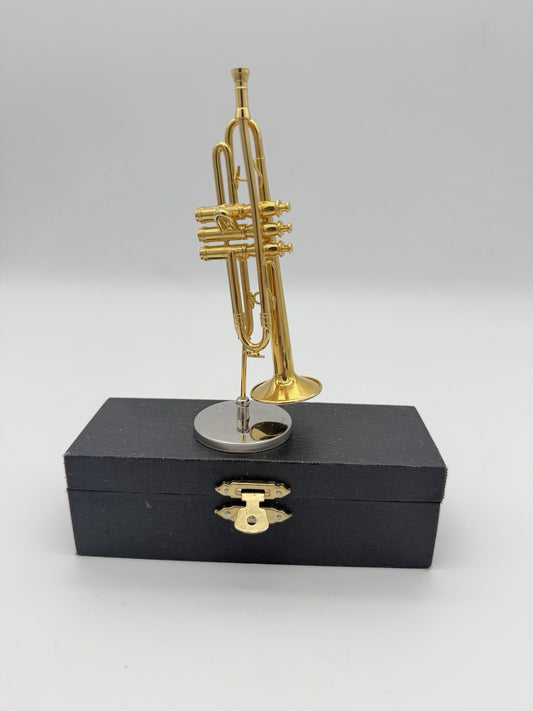 Broadway brand 5” miniature trumpet Instrument Brass figurine W/case & Stand Vtg