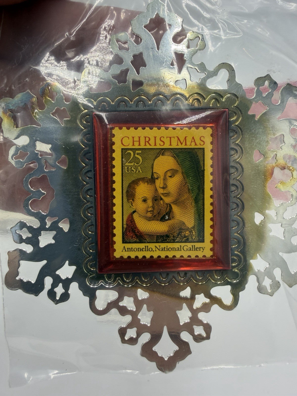 1990 USPS Stamp Ornament Madonna W/baby Silver Christmas Sealed Límited Edition