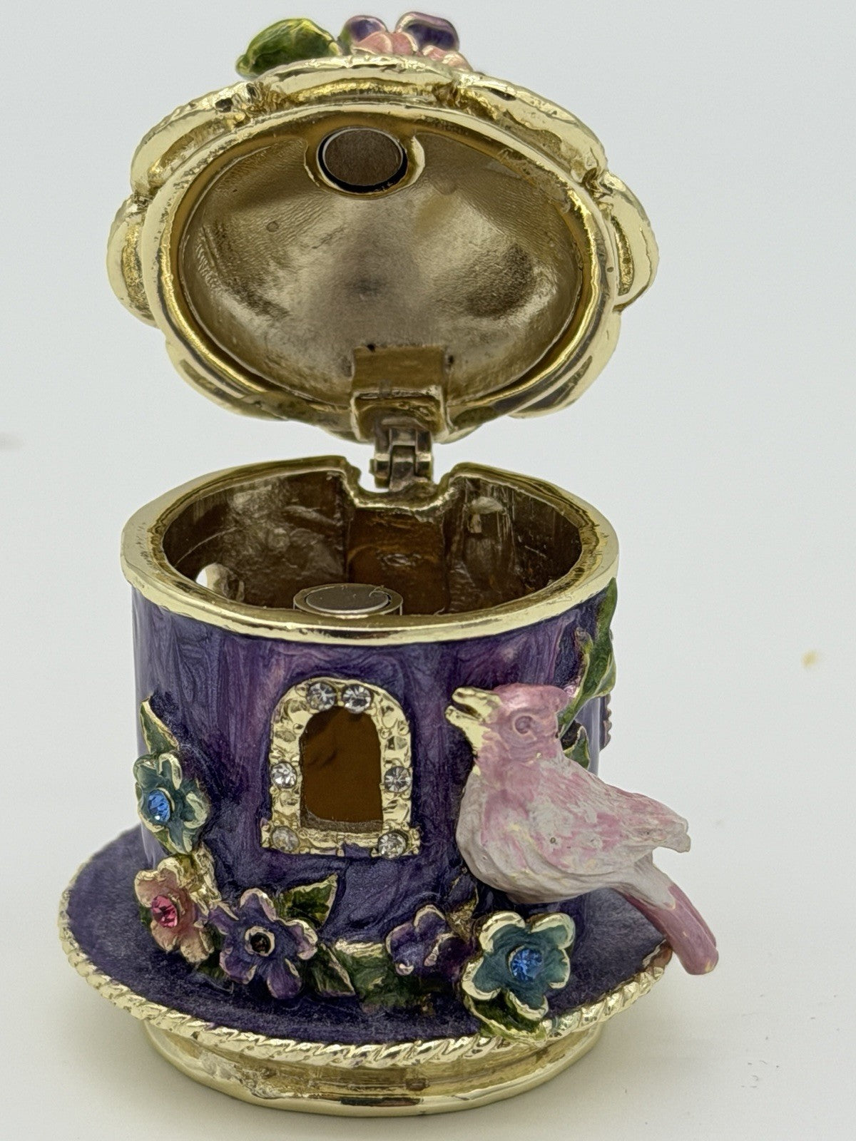 Enamel Purple Gold Gilt Birdhouse Trinket Box Jewelry Box Pink Purple Metal 2”