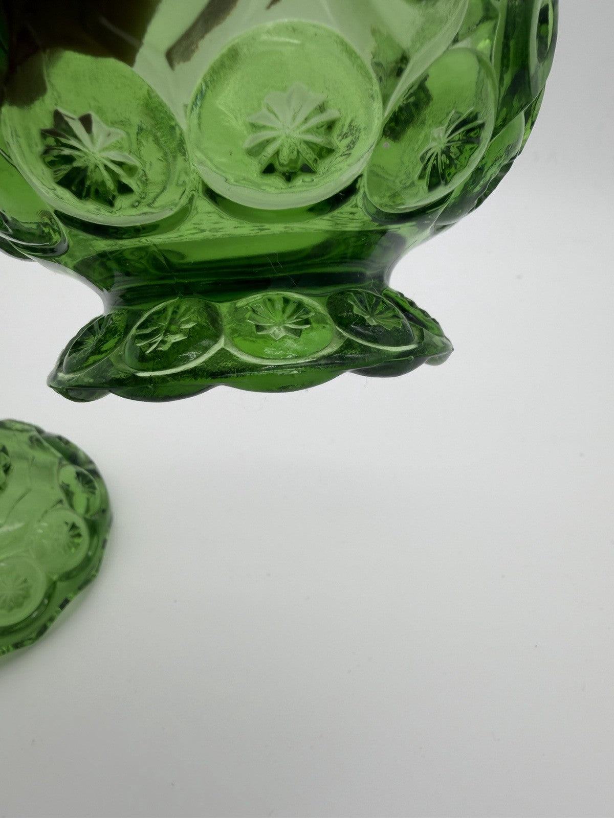MCM LE Smith Art Glass Moon & Stars Lidded Compote / Candy Dish Green Emerald