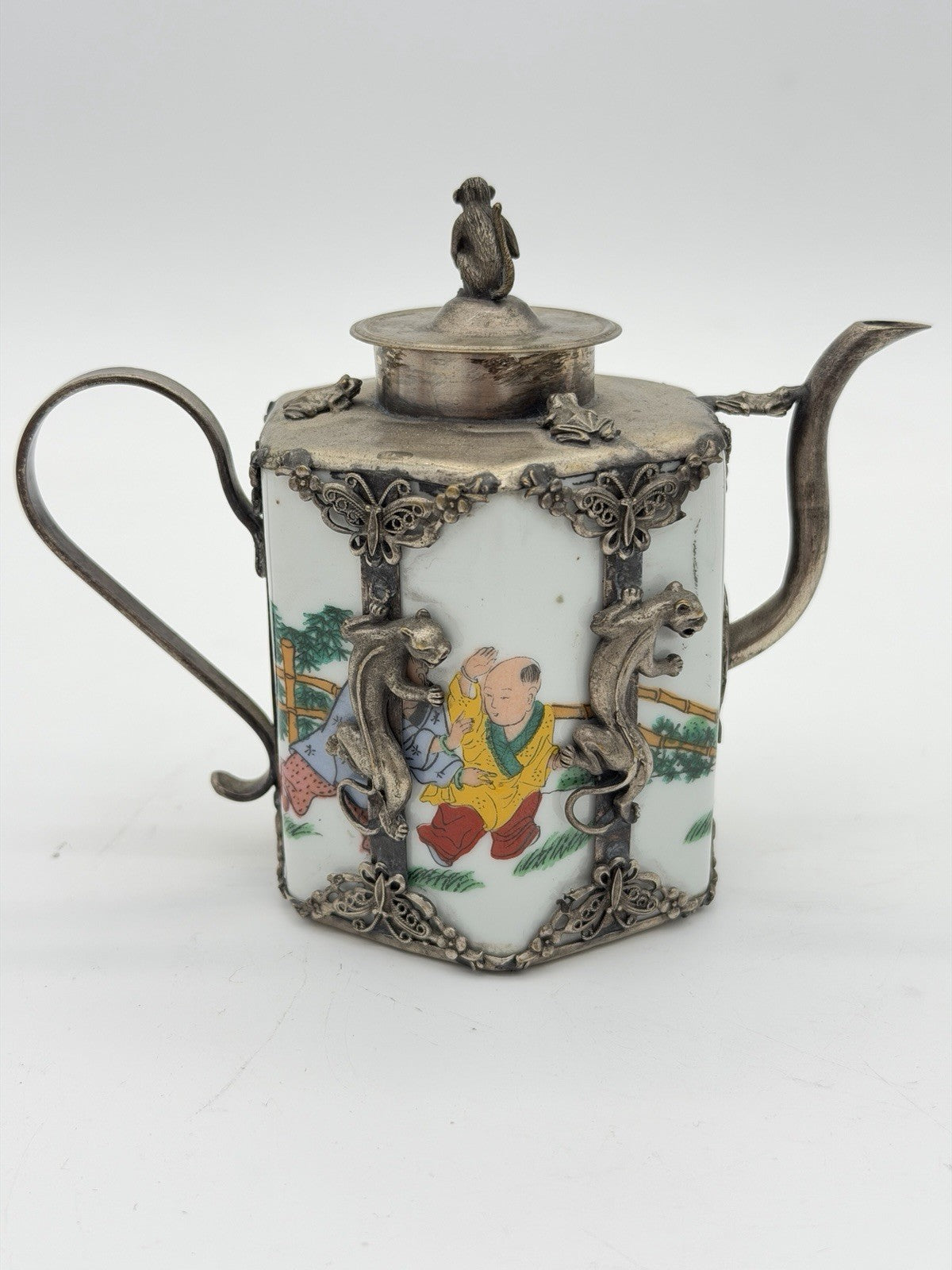 Antique Guangxu reign hexagonal Qing Dynasty Chinese metalwork pewter teapot
