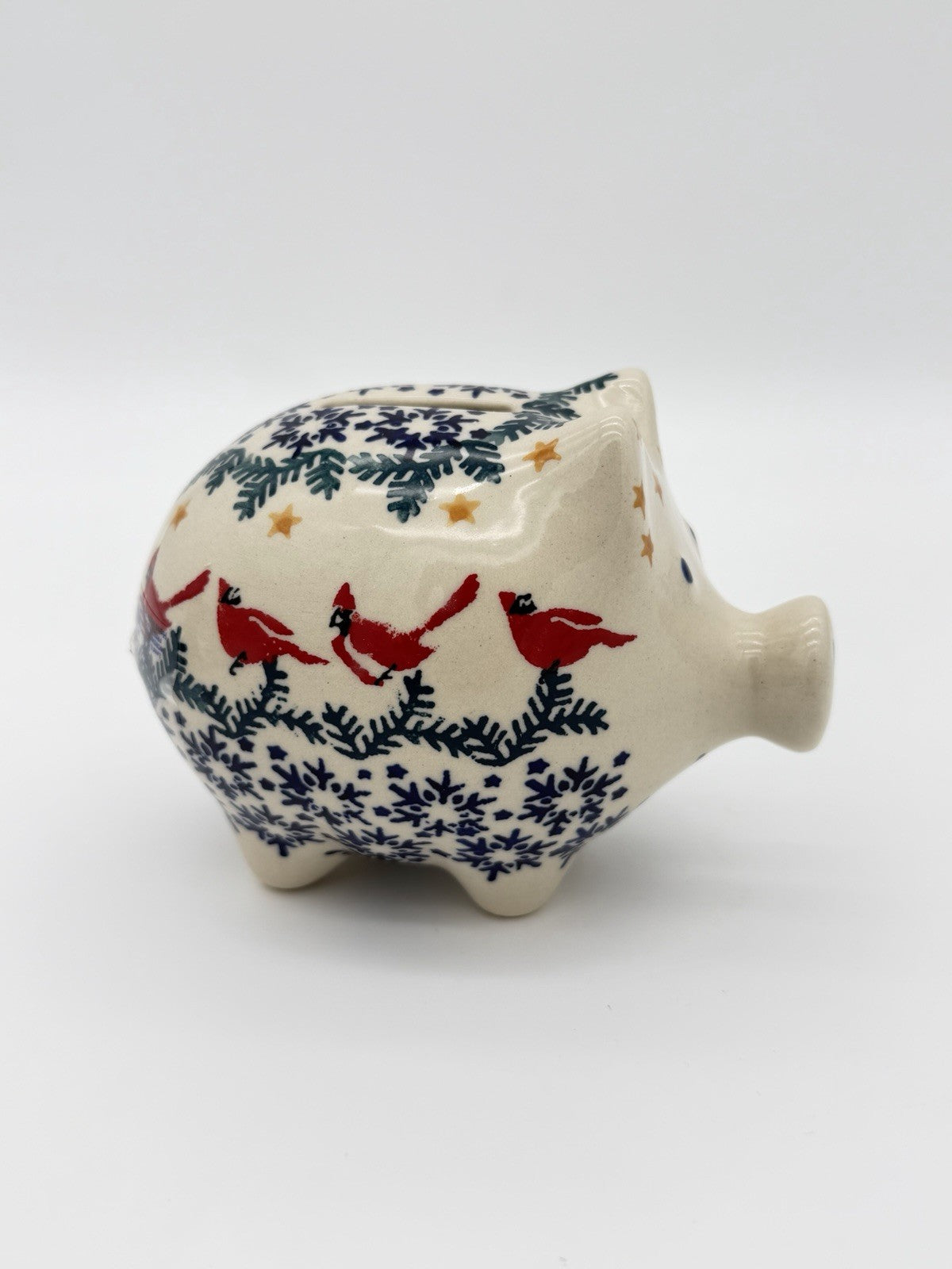 Boleslawiec Polish Art Pottery Hand Painted Cardinal Snow Flakes Piggy Bank