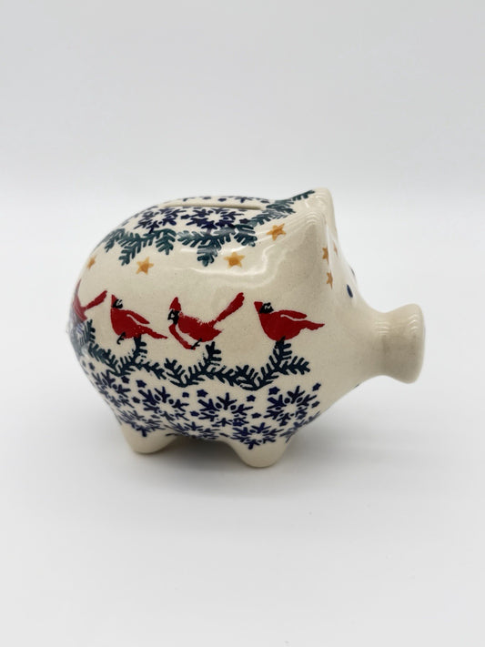 Boleslawiec Polish Art Pottery Hand Painted Cardinal Snow Flakes Piggy Bank
