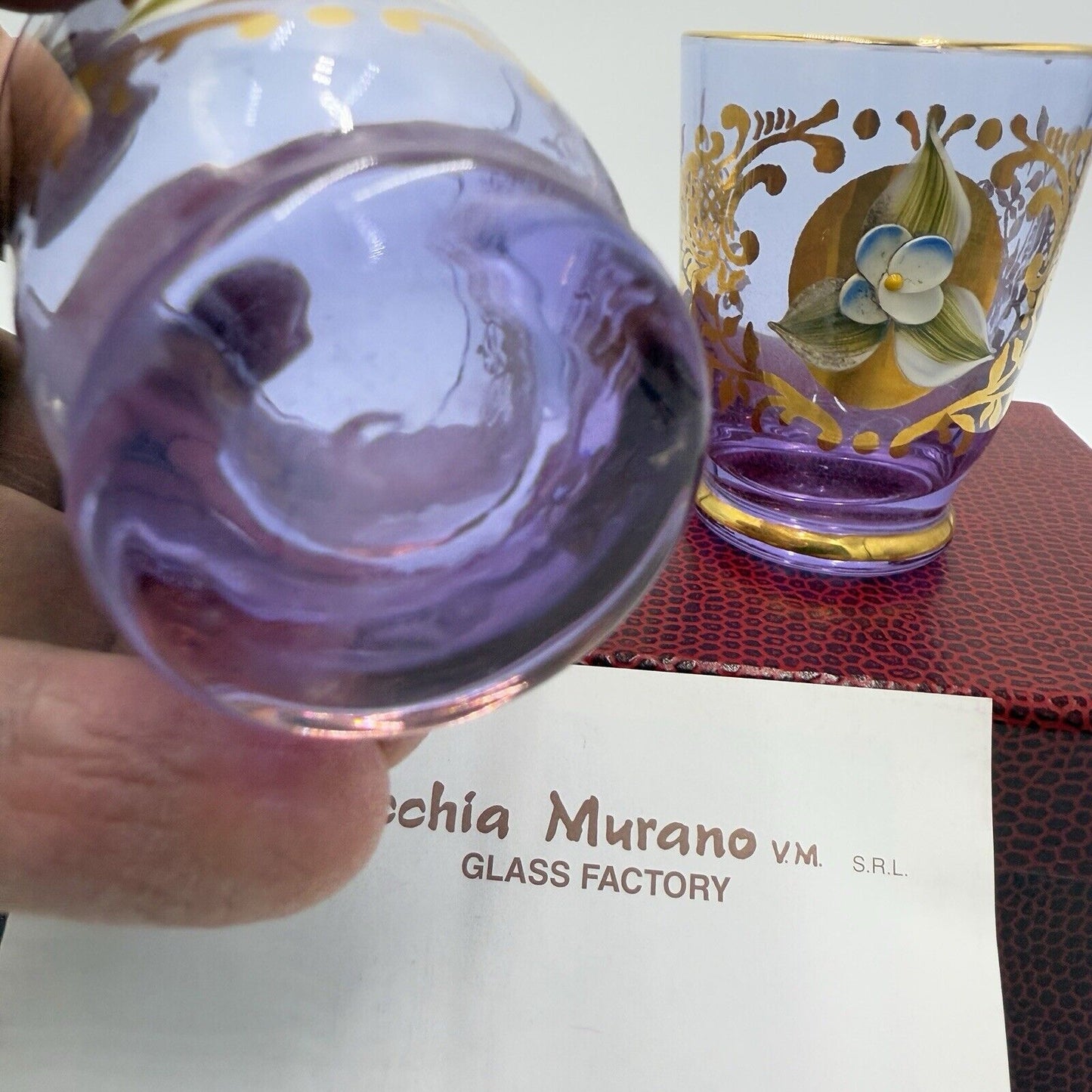 Murano Art Glass Vecchia Italy Lavender Shots Pair Glasses Set 2 Box /COA Vintag