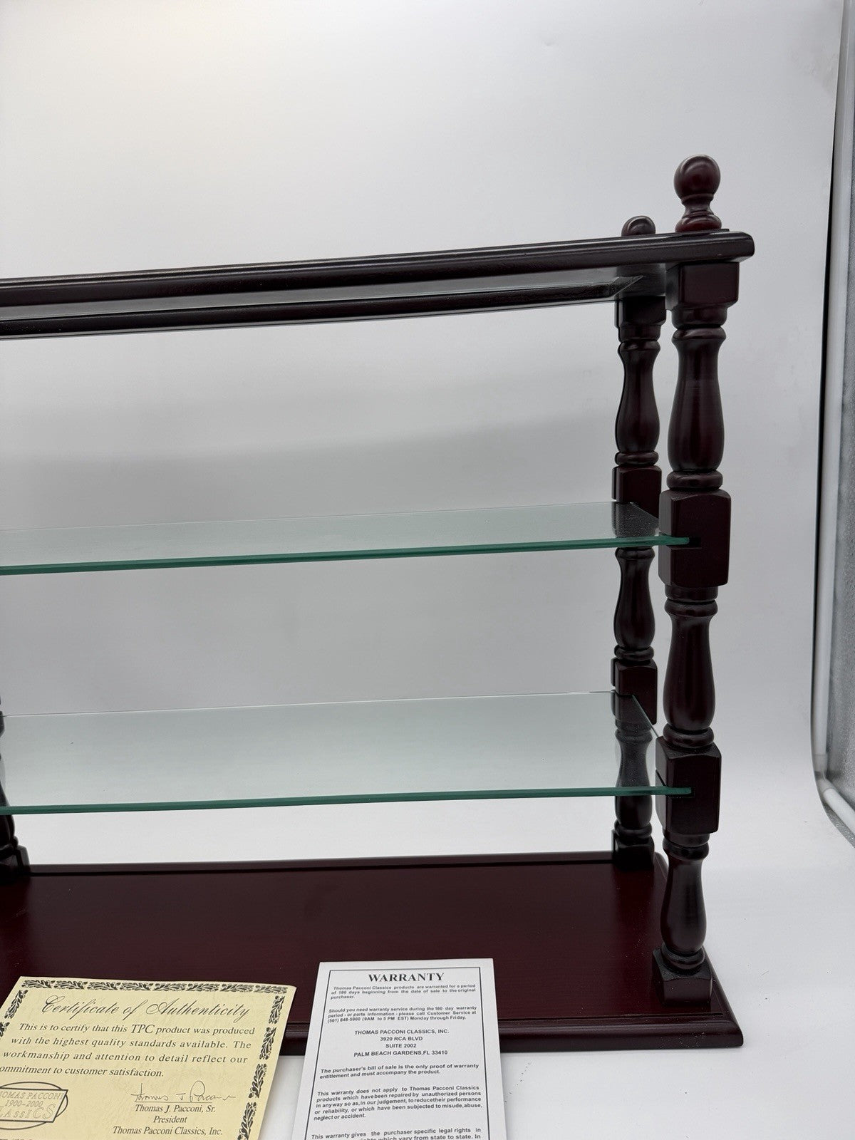 Vintage Thomas Pacconi Classics Wooden Mahogany Wall Shelf  Glass Display