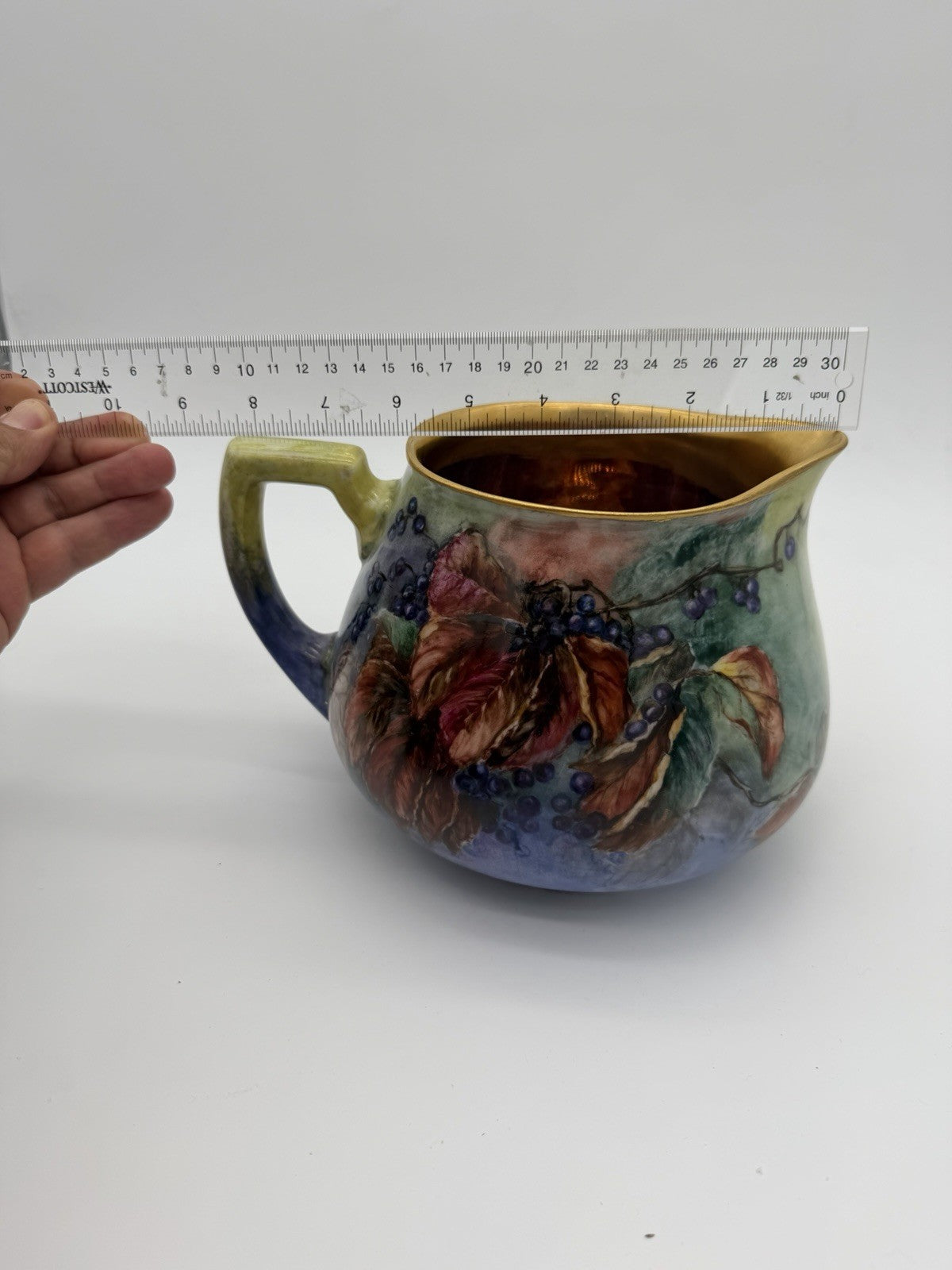 Limoges France W.G & Co Porcelain Painted Gold Painted berries Leaf Pitcher 19th