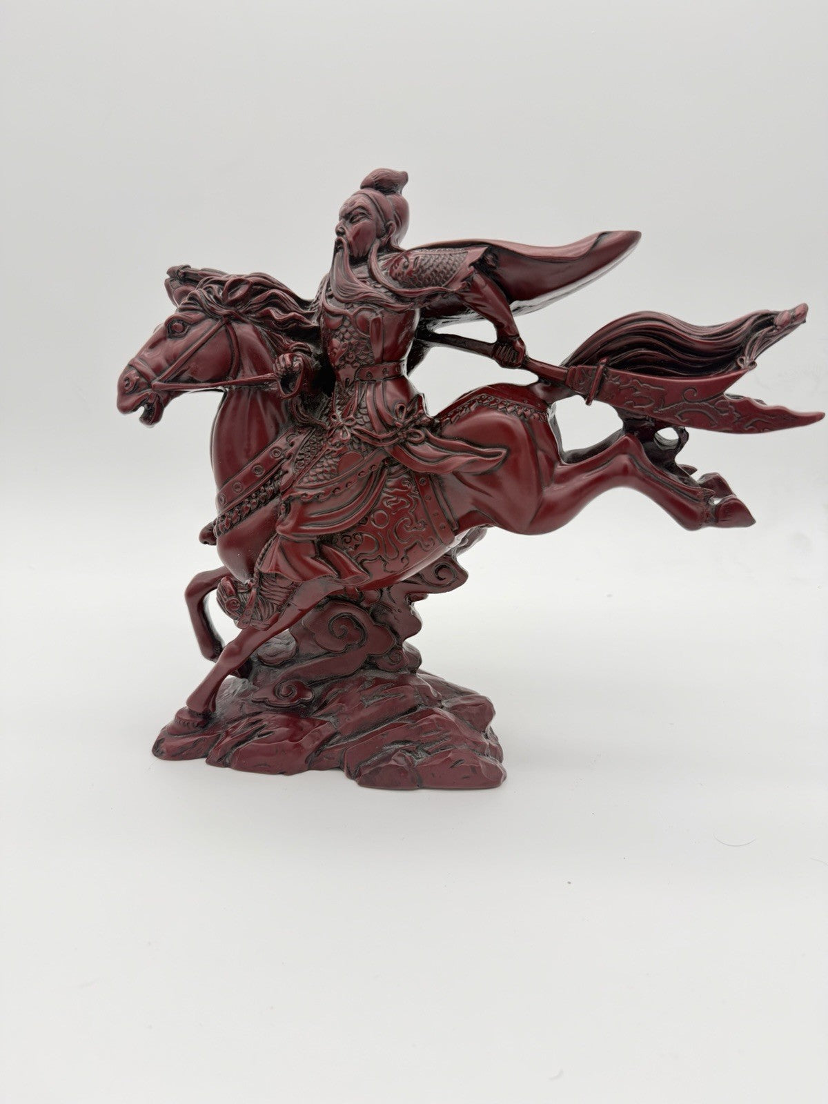 Large Chinese Red Resin Guan Yu Warrior Riding Galloping Horse Sculpture 10”x12”