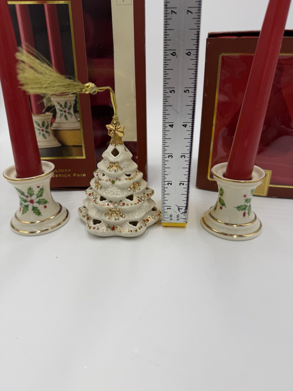 Lenox USA Porcelain Holiday Tapers Candlesticks & Bejeweled Tree Ornament