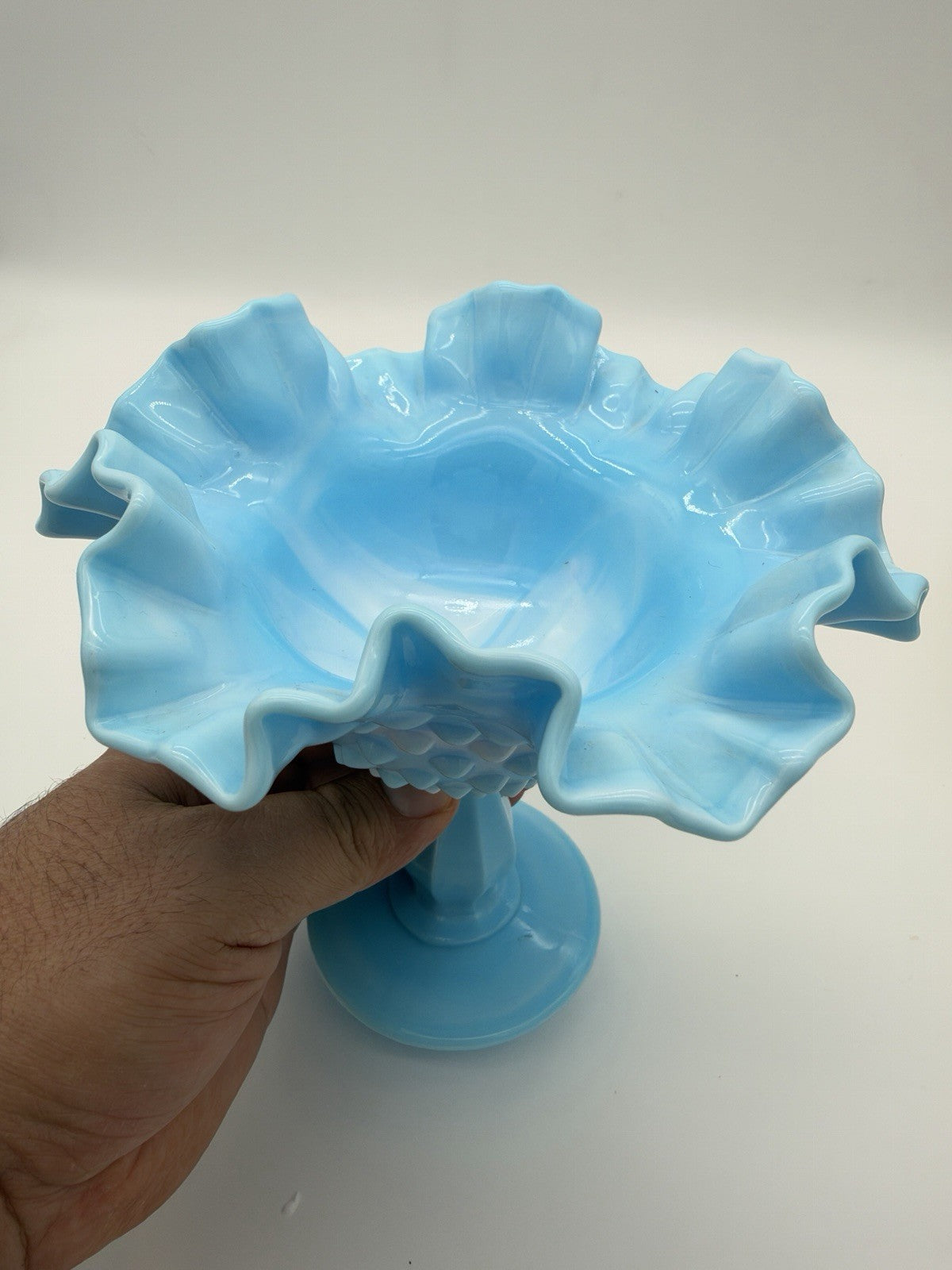 Fenton Blue White Slag Glass Hobnail Pedestal Compote Vtg Ruffled Edge 5.5”x6”