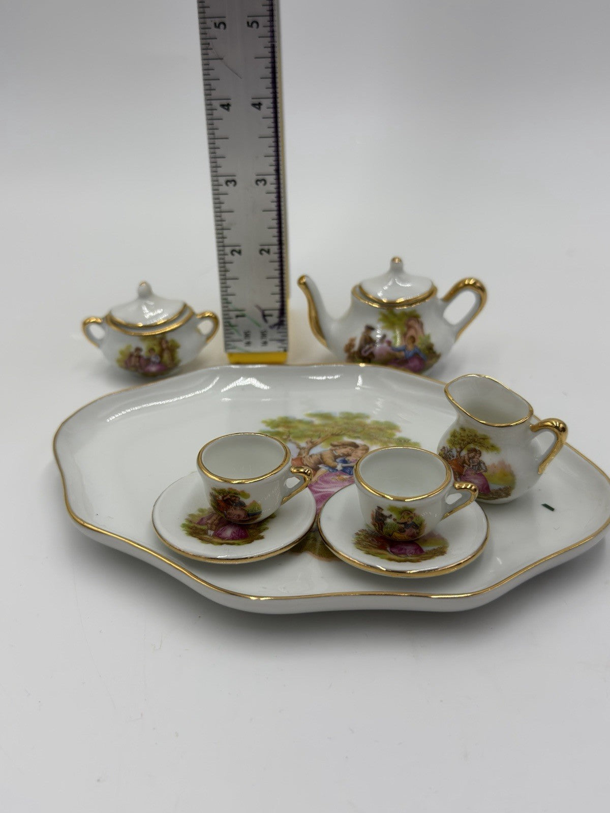 EME porcelain Spain miniature tea set romantic scene victorian 8 PCs  Dollhouse