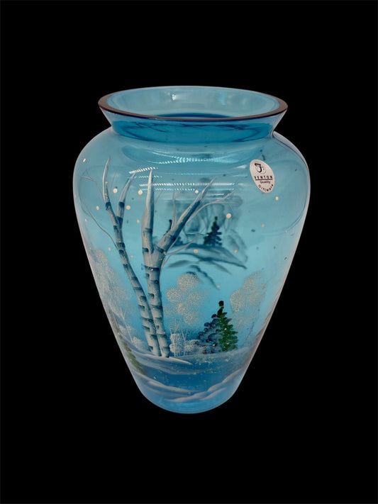 Fenton Art Glass Quality Blue Hand Painted Winter Christmas Scene Vase 8.5”H