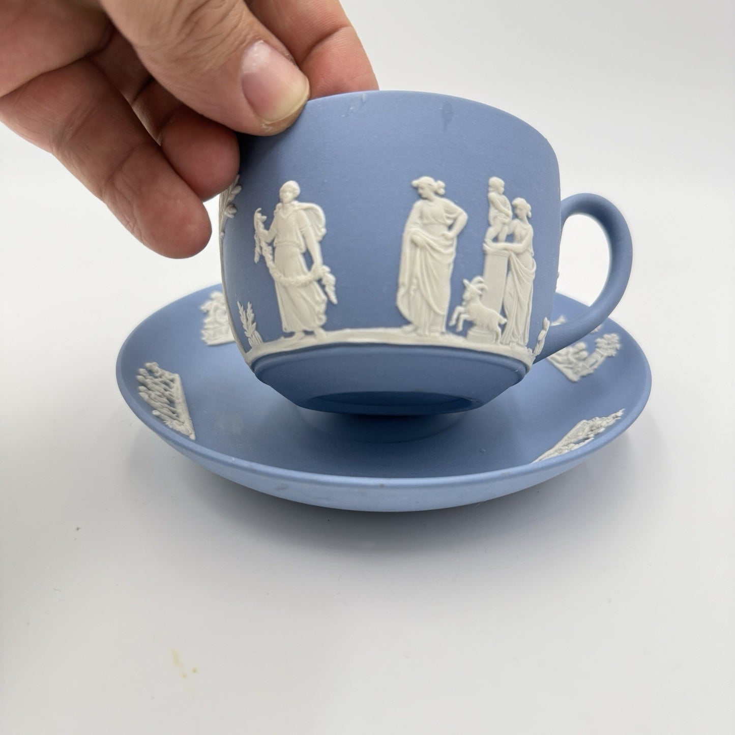 Wedgwood England Blue Jasper Ware Teacup & Saucer Greek Scene Cherub