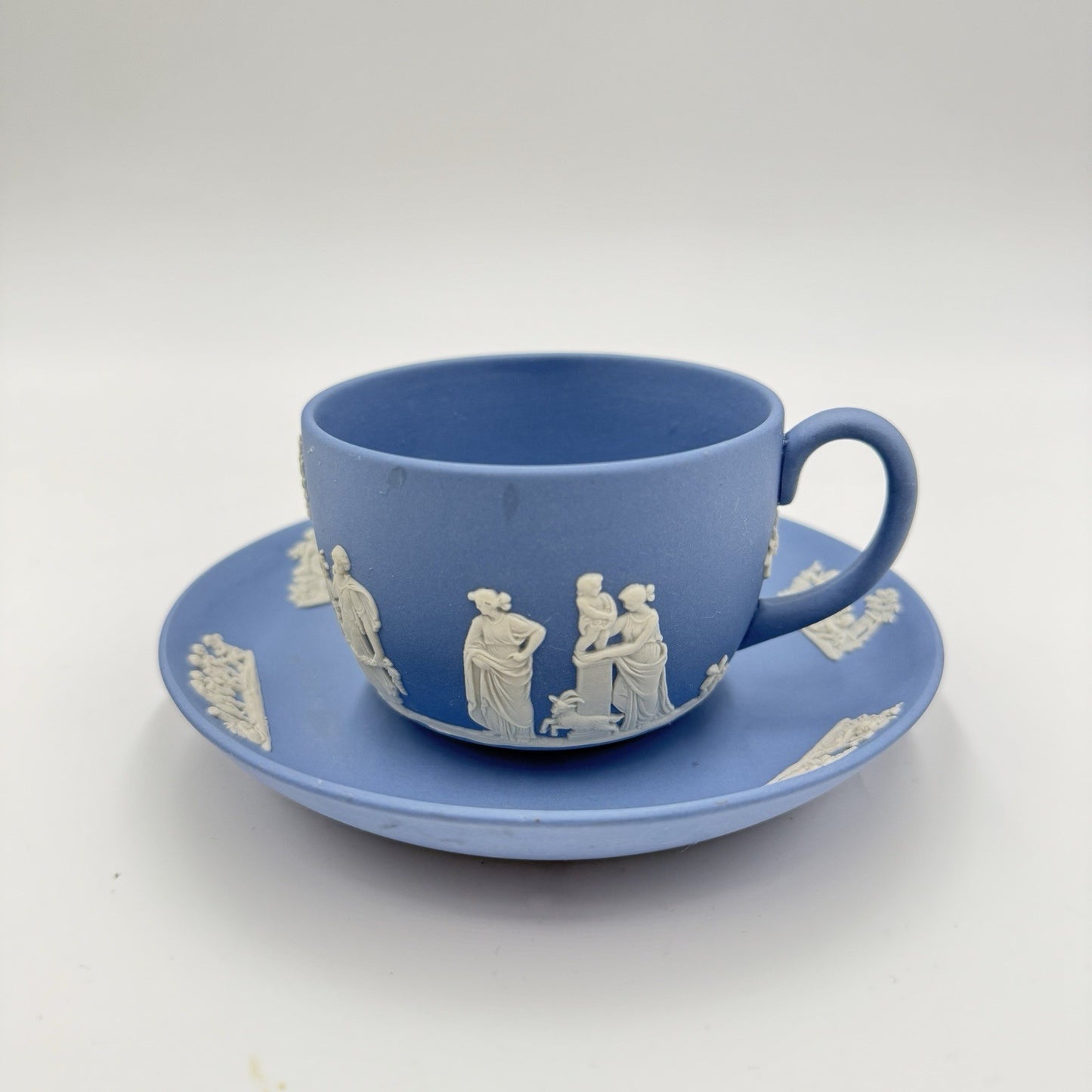 Wedgwood England Blue Jasper Ware Teacup & Saucer Greek Scene Cherub