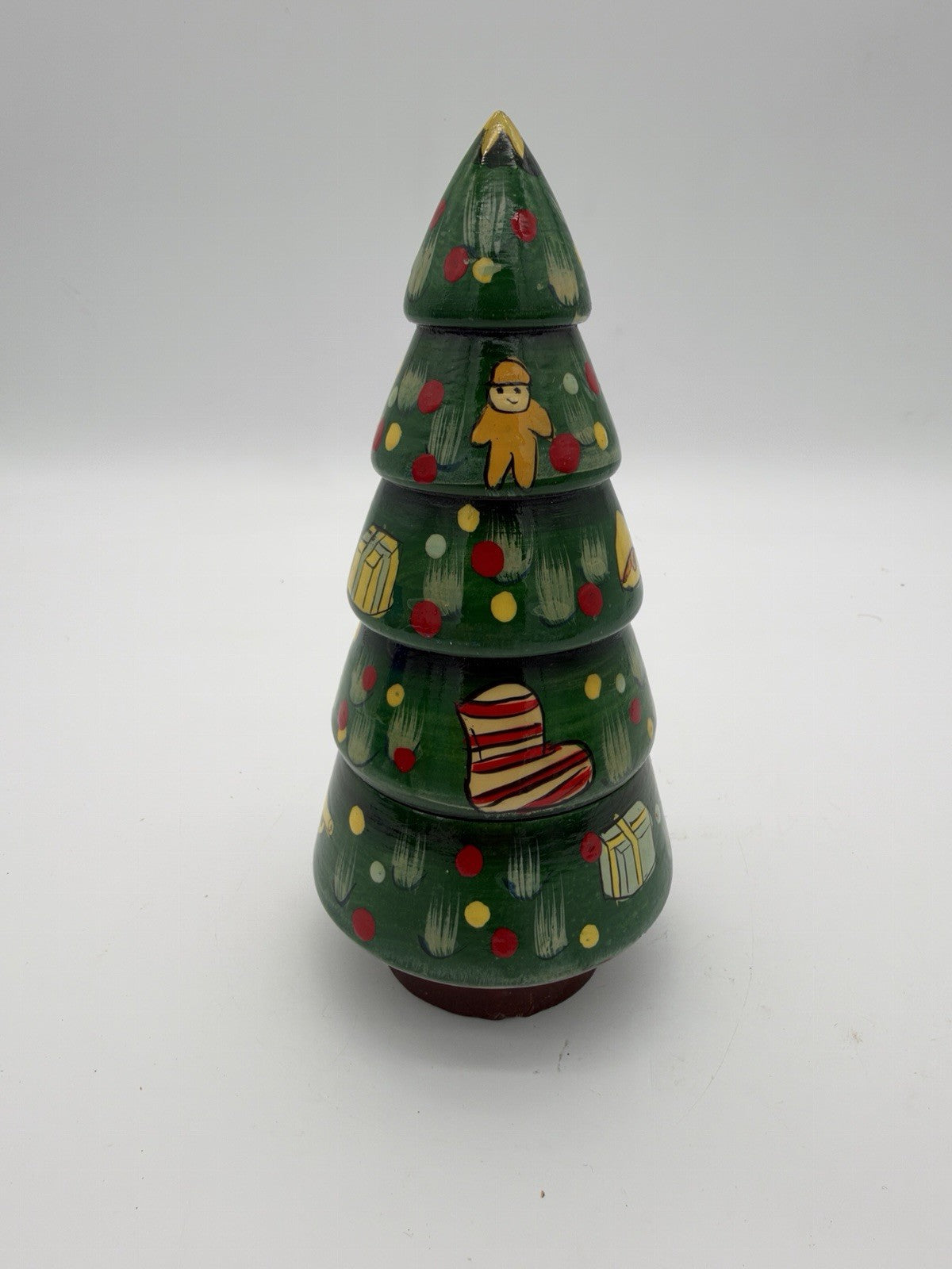 wooden folk art Christmas tree nesting dolls set Vintage hand painted 3 PCs 6”