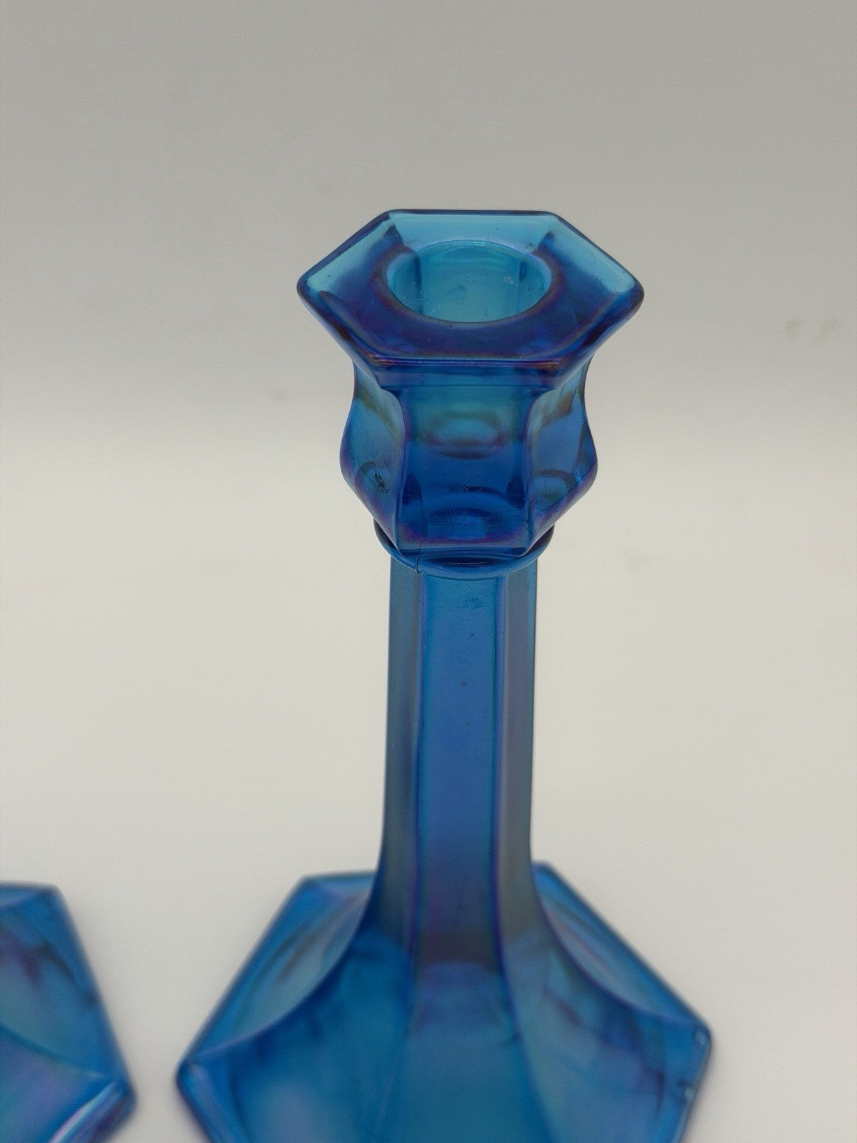 Fenton Florentine Celeste Blue Iridescent Carnival Art Glass Candle Sticks