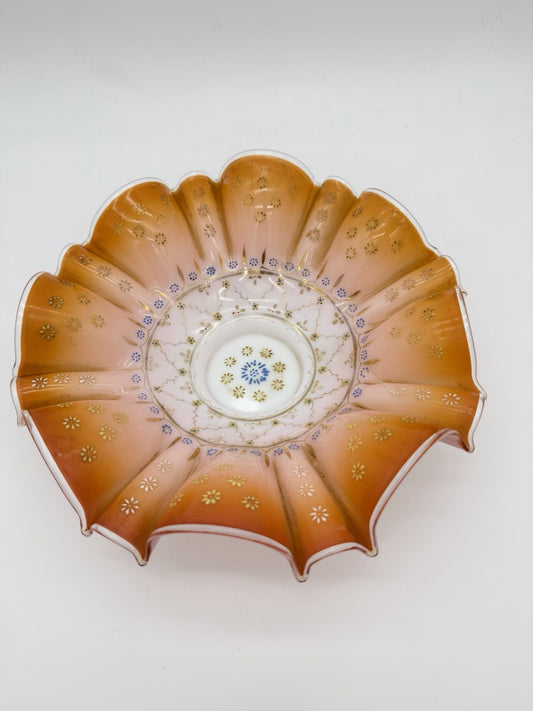 Antique Victorian Wedding Bride Art Glass Peach Ruffled Floral Hand Painted Bowl