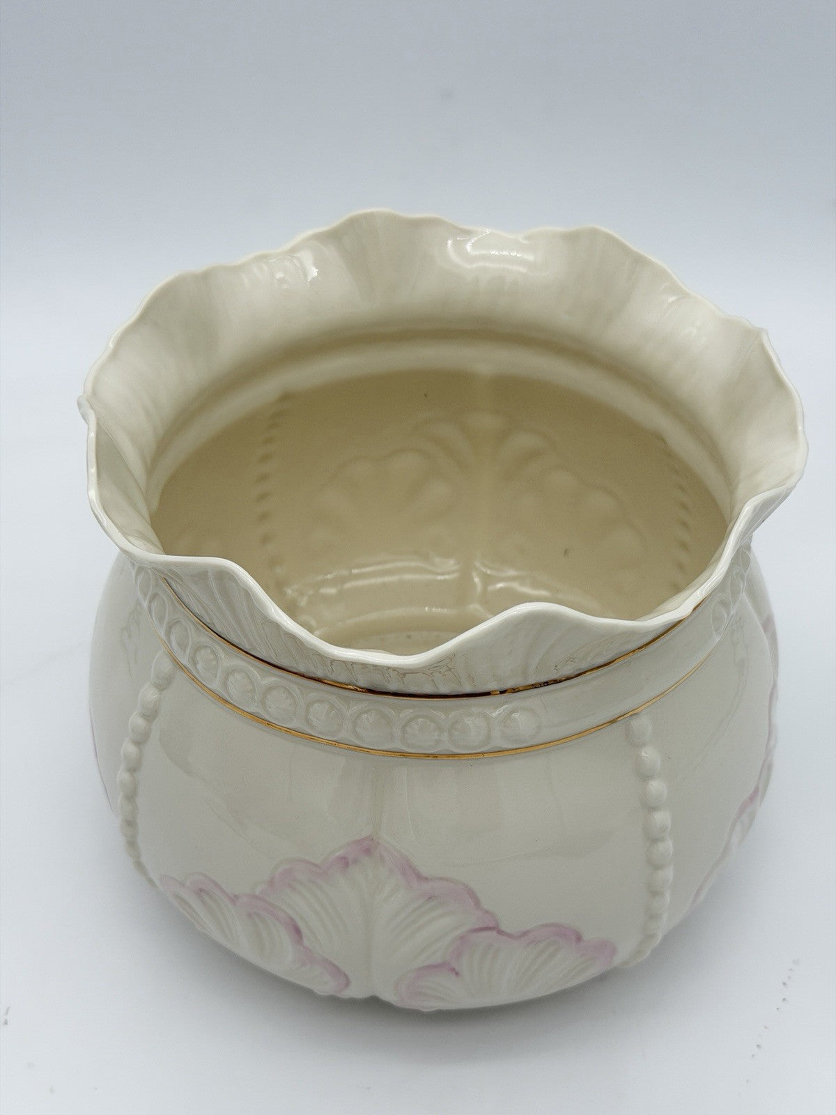 Belleek Ireland Porcelain Rosemore Pink Shell Gold Trim 6" Planter/Bowl Large