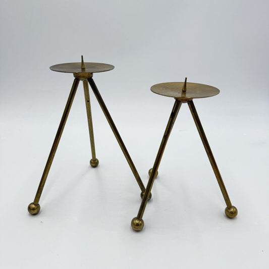 Vintage MCM Set of 2 Graduated Three Footed Brass Candle Holders