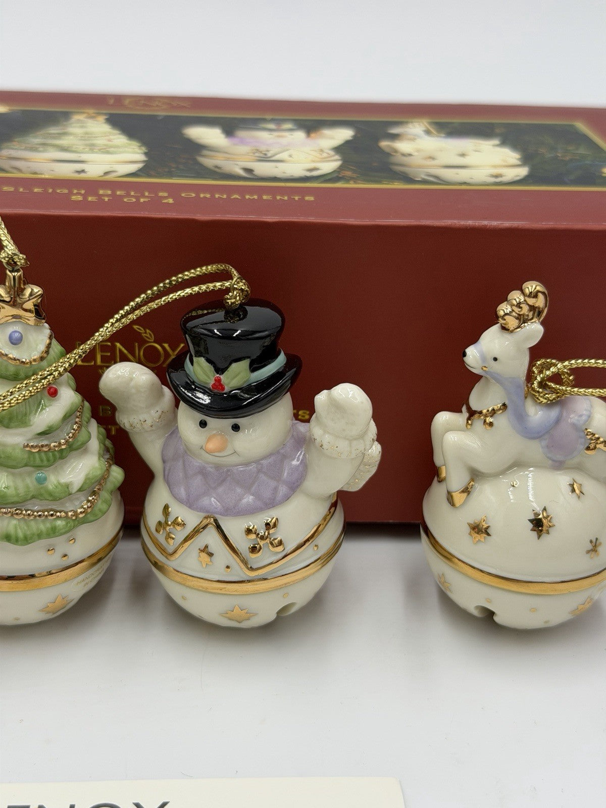 Lenox Porcelain USA Mini Sleigh Bells Ornaments Set Of 4 Reindeer Santa Snowman