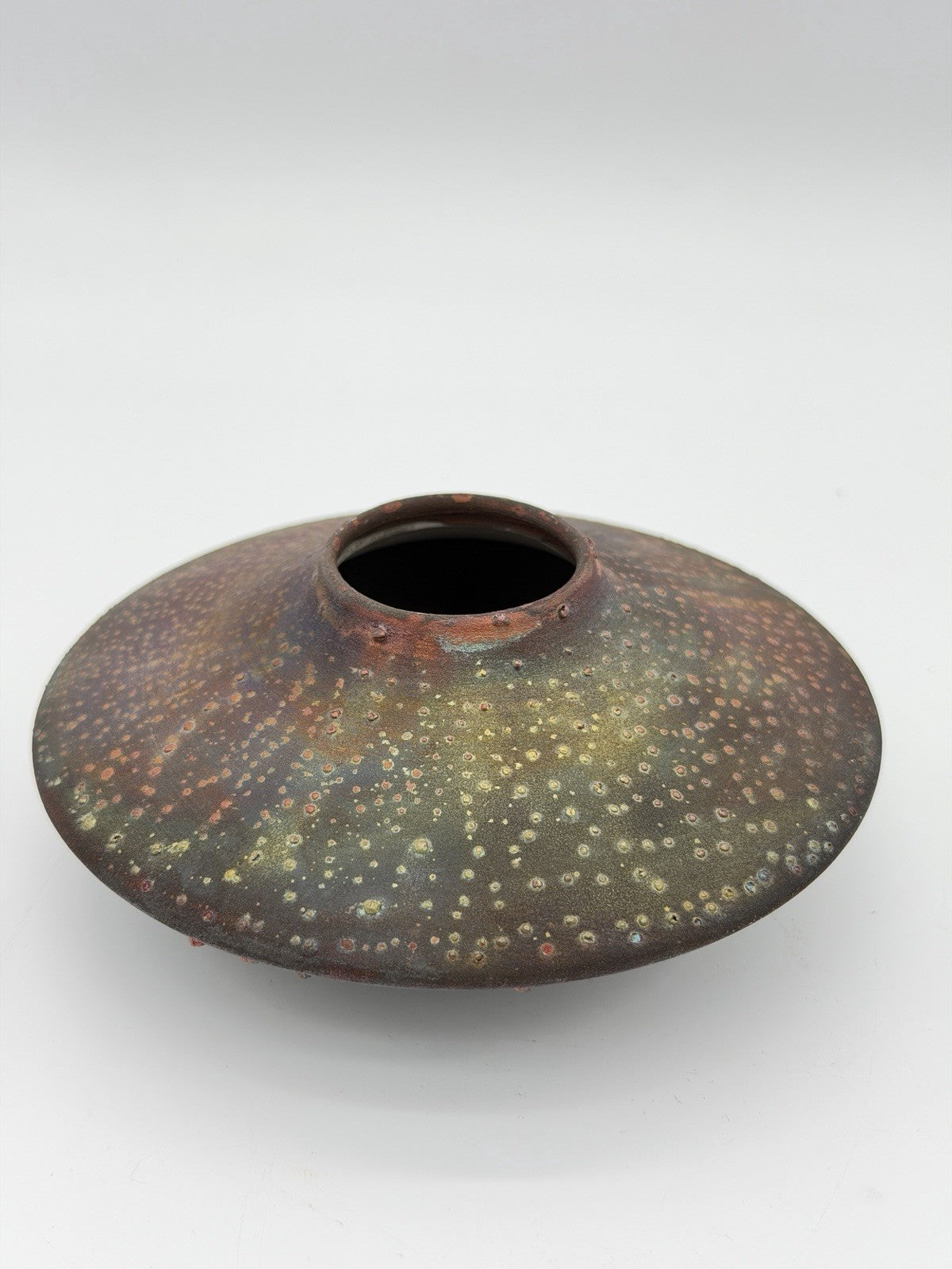 Rare Norman Bacon Raku Glazed Squat Form Studio Art Pottery 2”x5” Vase Signed