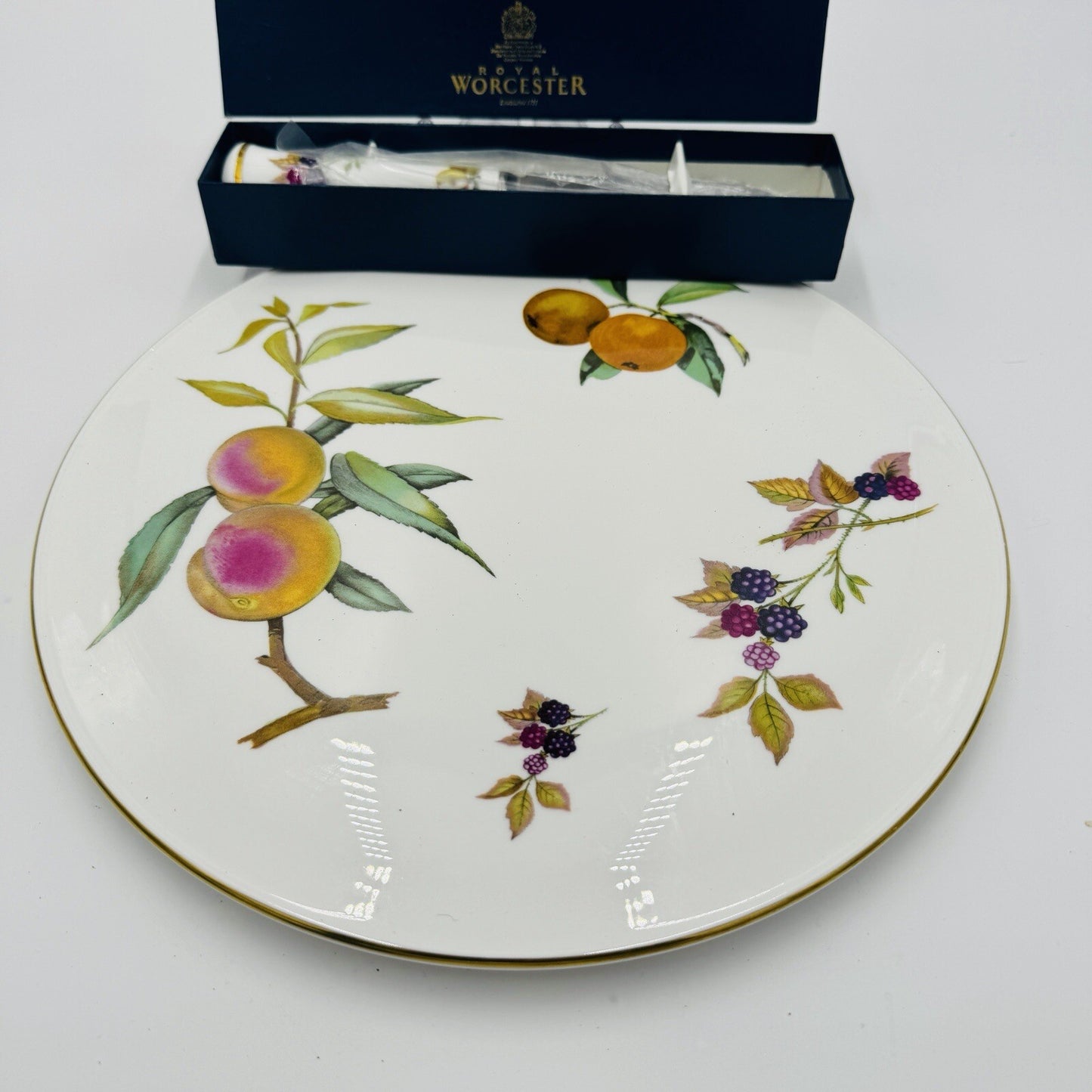 Royal Worcester Arden Fruit Porcelain cake plate & matching Cheese knife 1974
