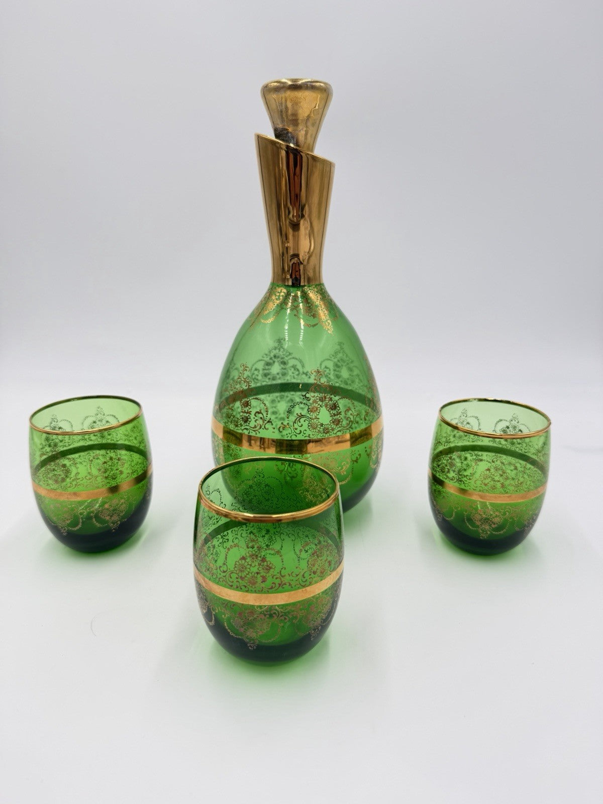 Vintage Murano Art Glass Italy Ferro & Lazzarini Decanter Set Green Emerald 4 Pc