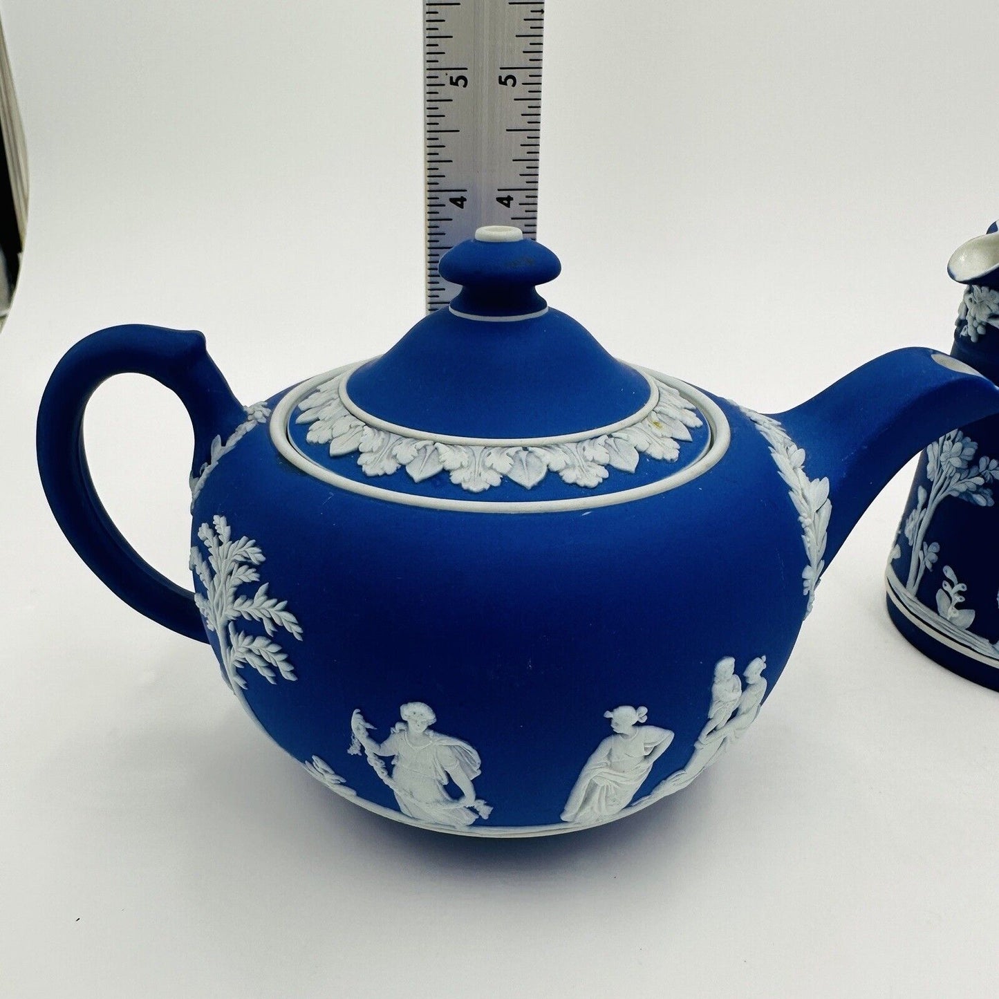 Wedgwood Teapot Sugar Bowl Pitcher Dipped Cobalt Blue #43 Set Jasperware