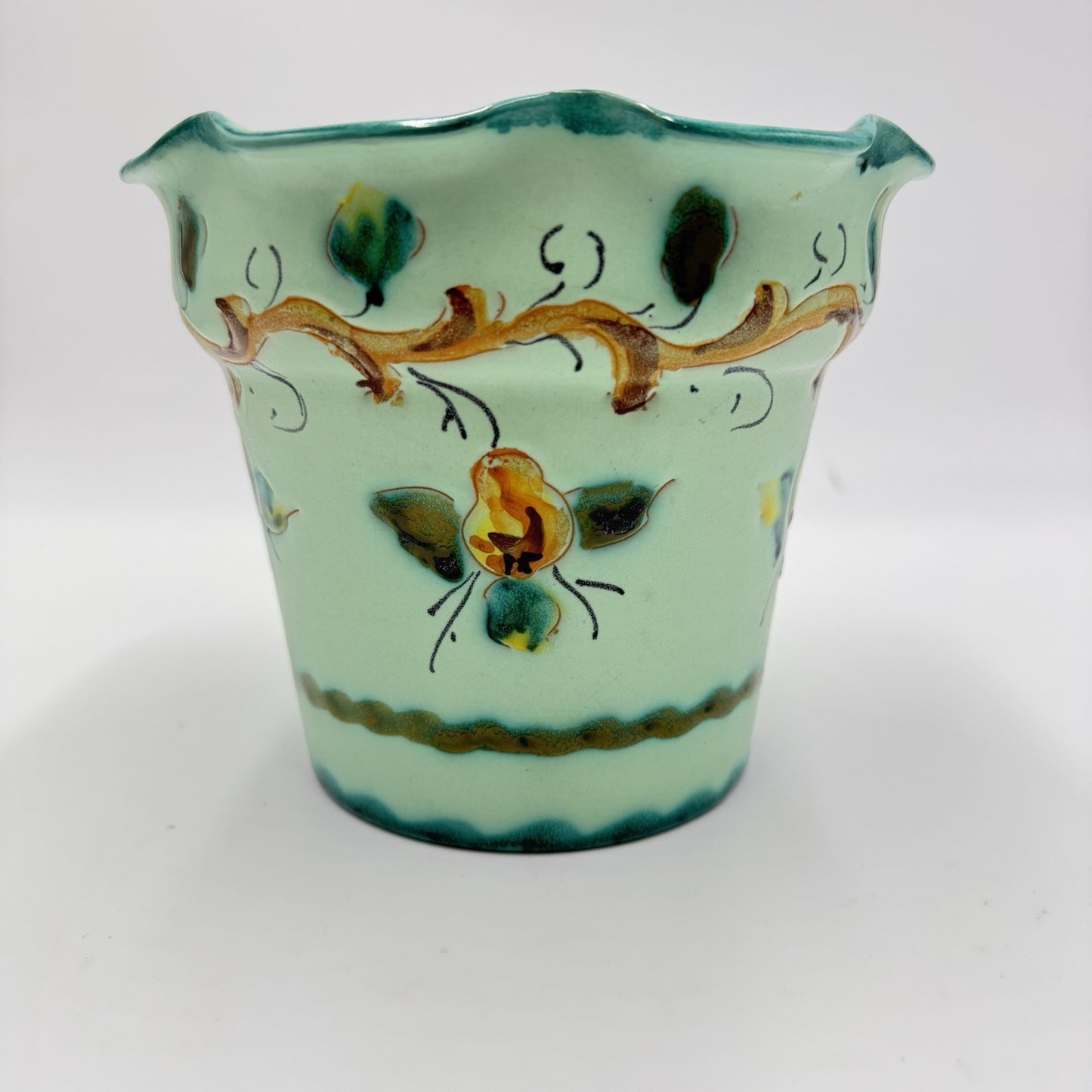 Vintage 1983 KBNY Art Pottery Italy Hand Painted # 1554/150 Green Planter 5”x6”