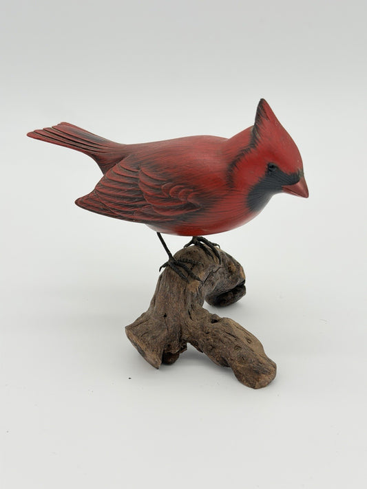 Folk Art Wood Hand Carved & Painted Northern Cardinal Bird Figurine Signed