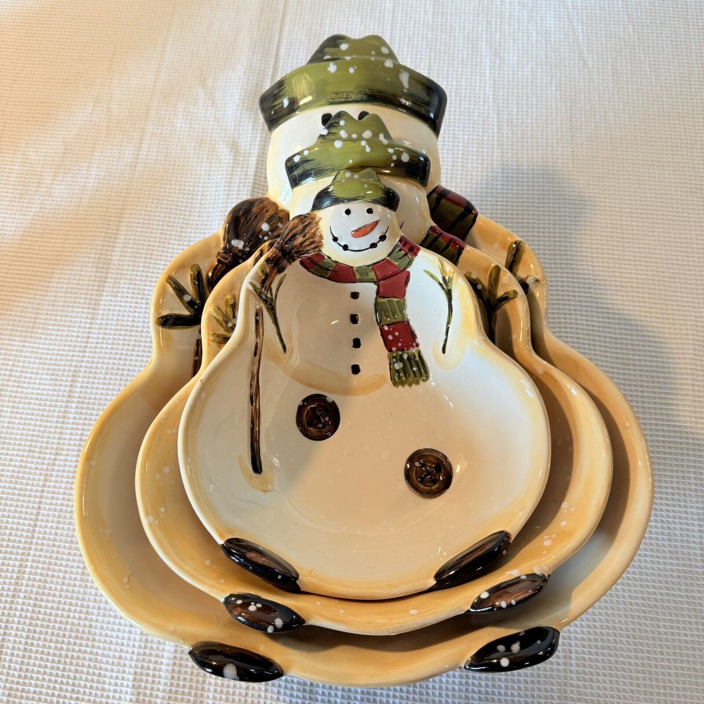 Dario Farrucci Serving Bowl Hand Painted 9” Snowman Family 3 Nesting Holiday Dec