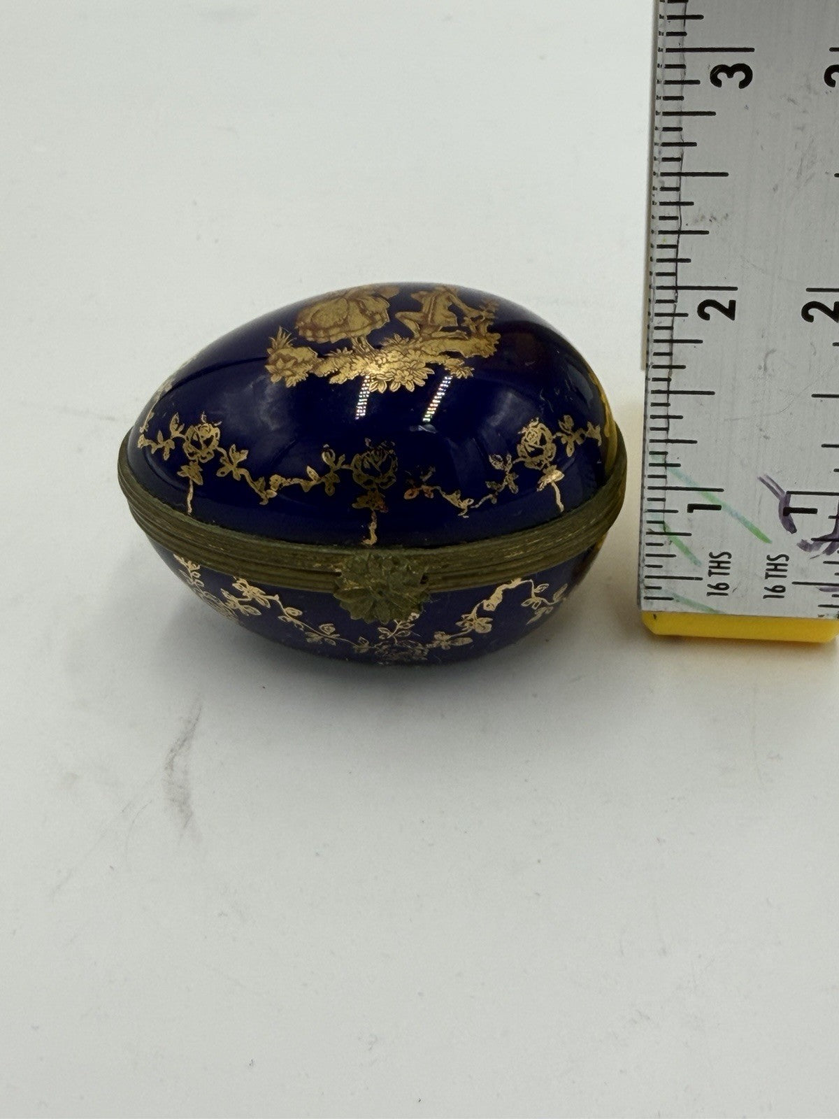 Limoges France Cobalt Blue Gold Courting Couple Porcelain Egg Trinket Box