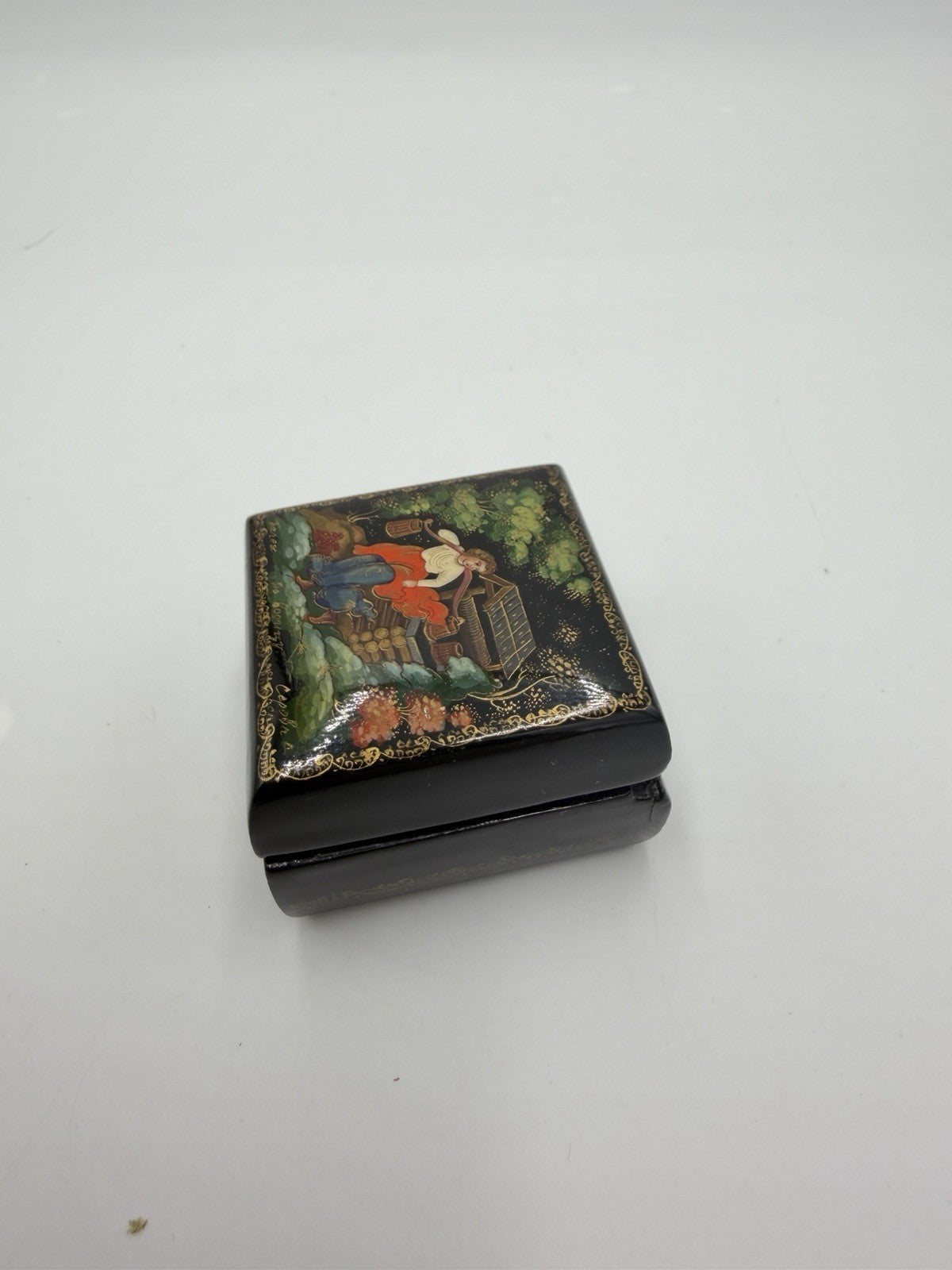Folk Art Russian Wood Lacquer Box 80s Handpainted Fairy Tale Woman in the Well