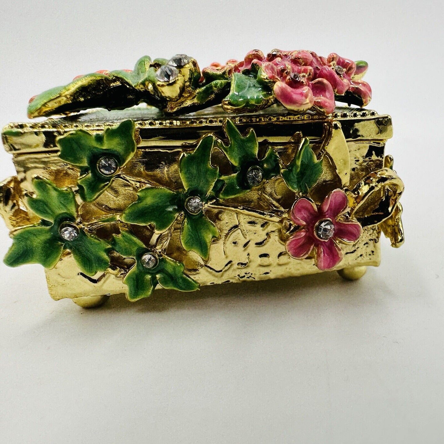 Trinket Box Rhinestone Floral and Green Hand Painted Enamel Interior Miniature