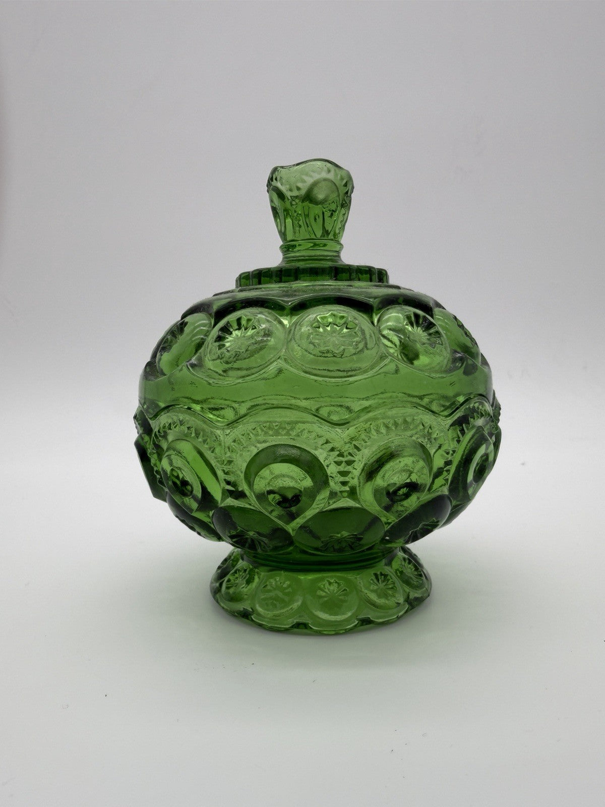 MCM LE Smith Art Glass Moon & Stars Lidded Compote / Candy Dish Green Emerald