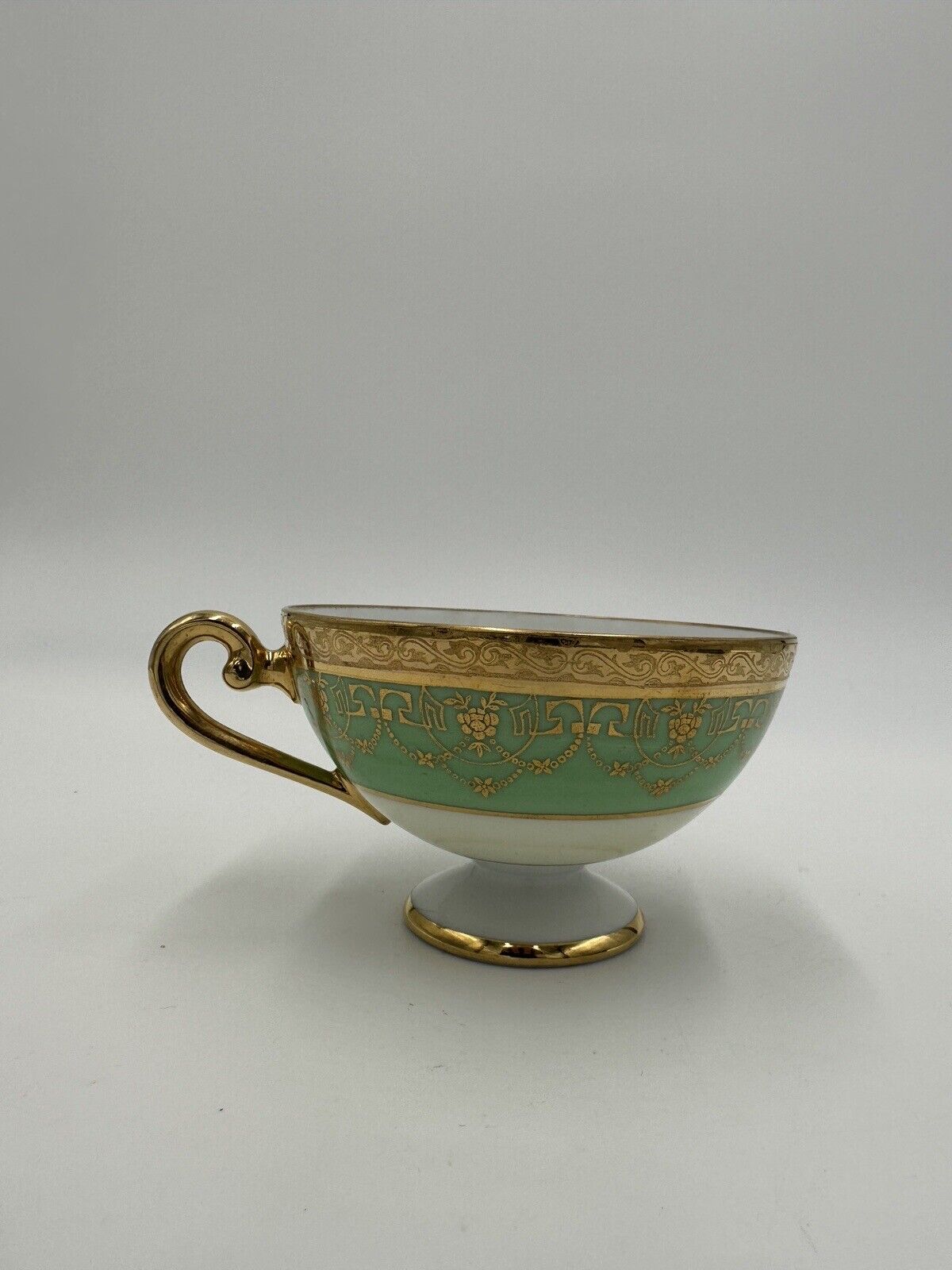 Czchoslovakia Bohemia Teacup Footed 24K Gold Encrusted Green Serveware  Porcelai