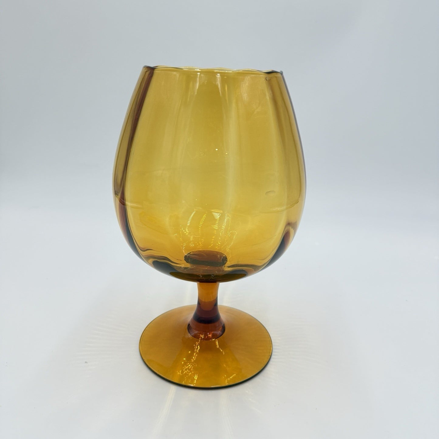 Vintage MCM Empoli Amber Art Glass Ribbed Footed Compote Italy 8in