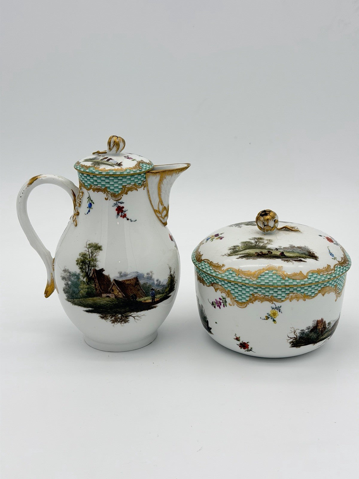 Rare Meissen C.1720 Porcelain Painted Country Scene Milk Jug & Sugar Bowl Antiqu