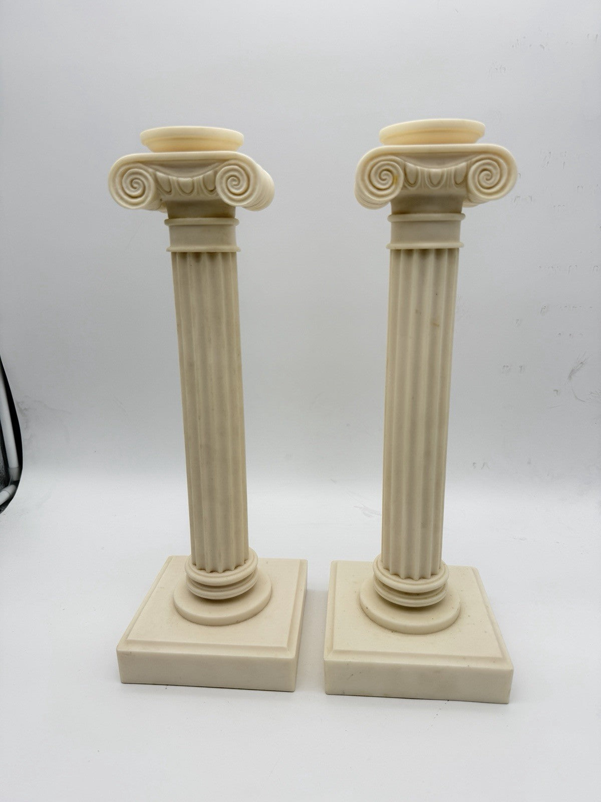 2 Alabaster Carved Roman Columns Corinthian  Sculpture Candle Holders 15.5”x5”