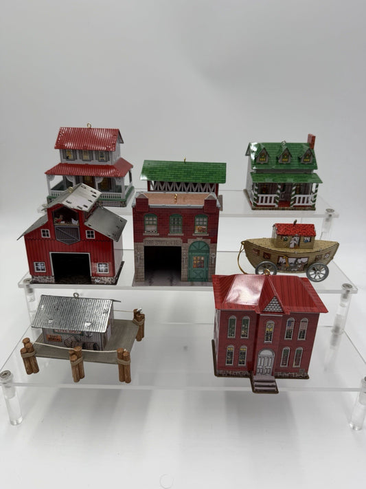 Hallmark Pressed Tin Ornaments Town & Country Series 1999-2003 Christmas 8 Pcs