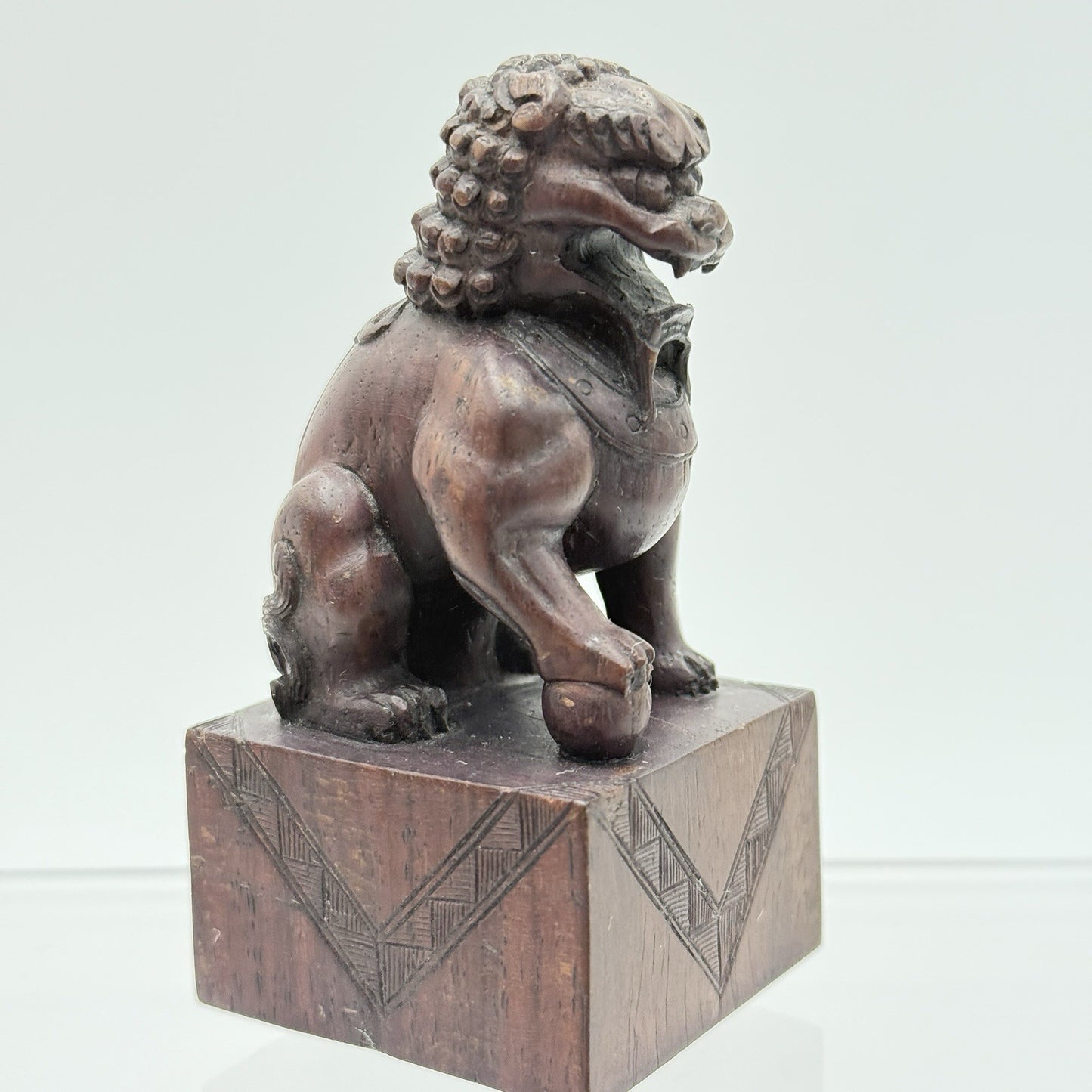 Foo Lion Chinese Hand Carved Wooden Figurine Solid 3.5in Vintage