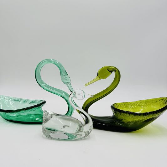 Viking Swan Figurines Art Glass Green Avocado Clear Vintage MCM Set 3 Pieces