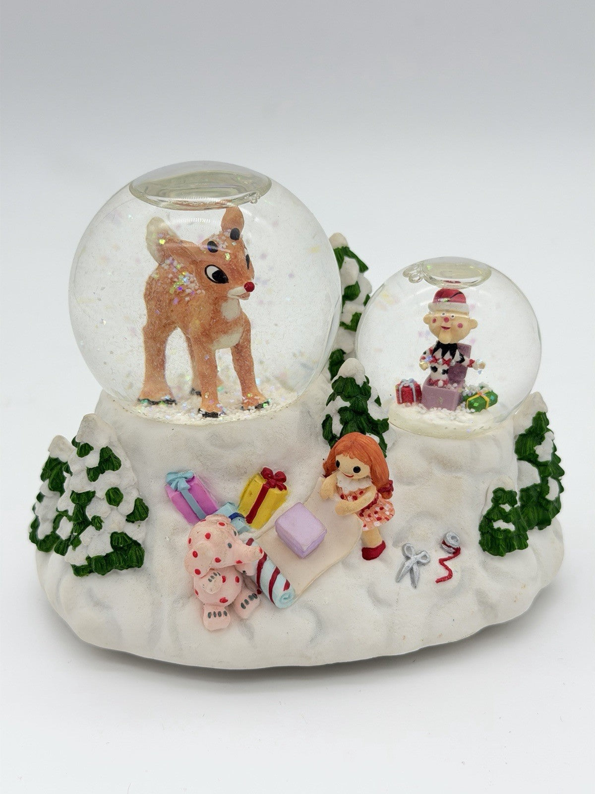 Rare Rudolph Red Nosed Reindeer & Charlie In the Box Musical Double Snowglobe