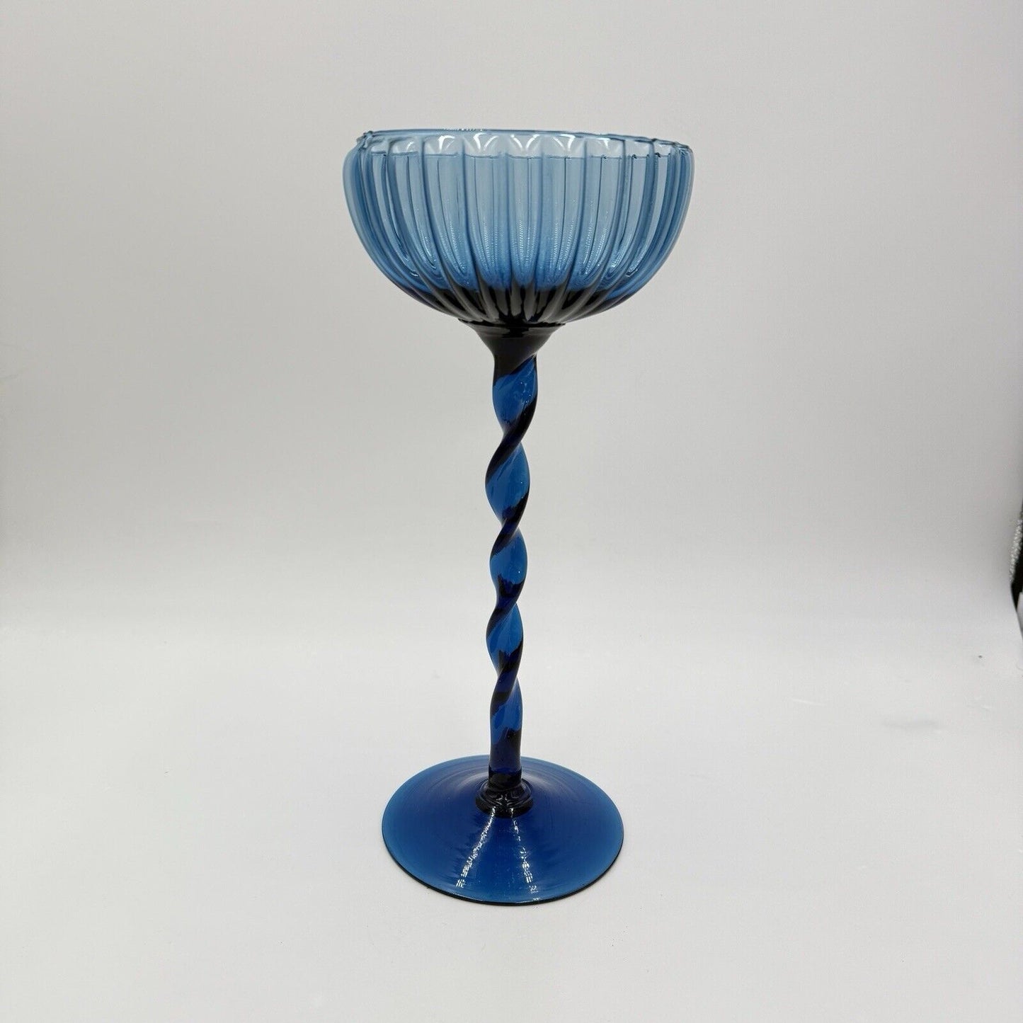 Vintage Empoli Italy Ribbed Optic Glass Twisted Stem Blue Compote 13”x6” MCM