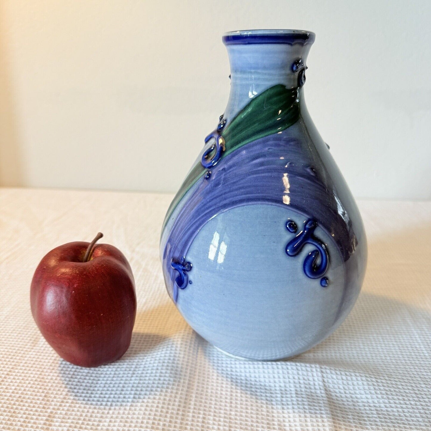 Studio Pottery Flower Vase Blue Purple Drip Ceramic Signed 8in H Swirls Leaf