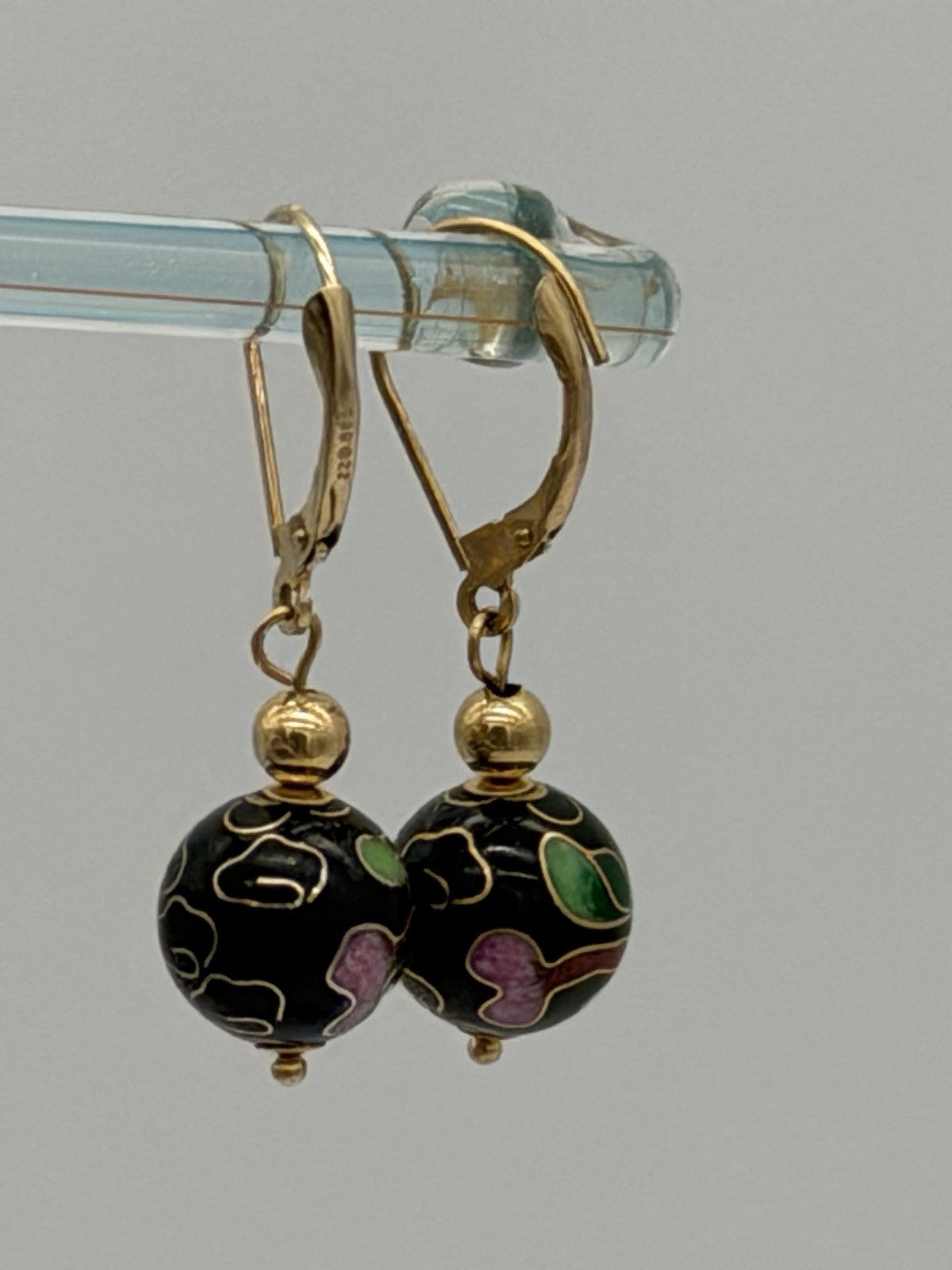 Vtg Pair of Earrings 14K Gold Cloisonne Flower Ball Drop Dangle Signed ZZ 585