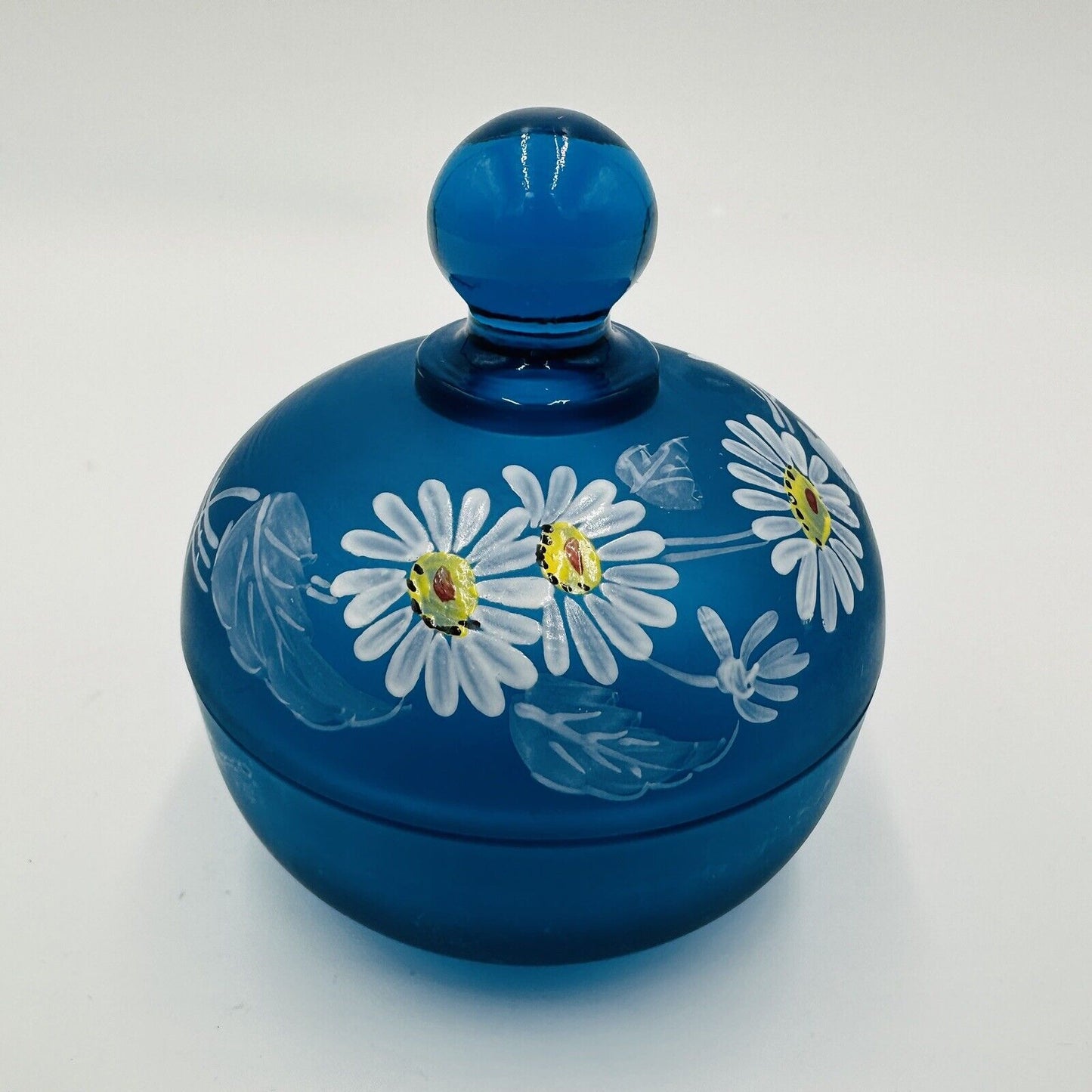 Westmoreland Vanity Dish Blue Satin Glass Lidded Trinket Hand Painted Daisies