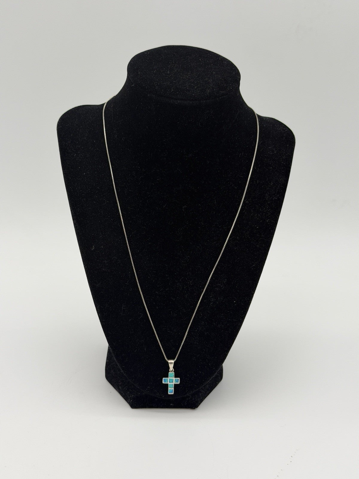 Sterling Silver 925 Sparkly Blue Fire Opal Small Cross Pendant & Necklace 21”