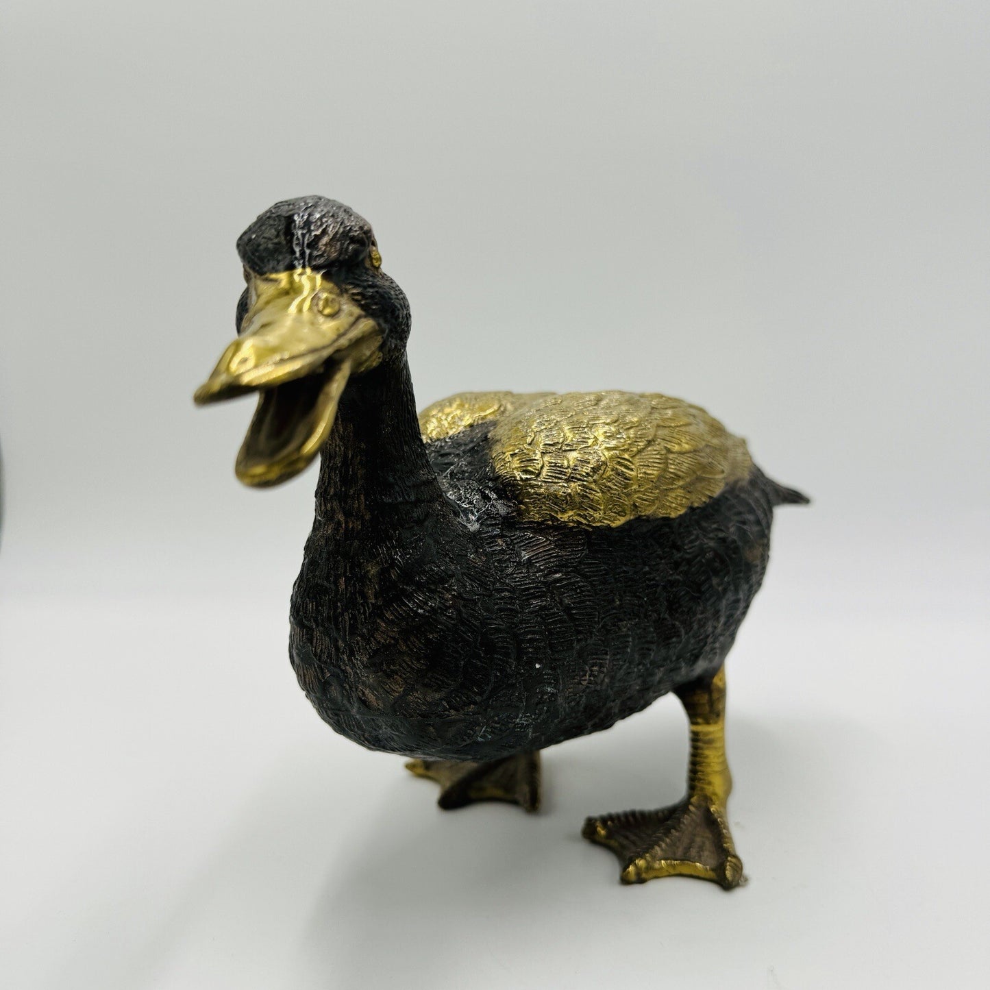 MCM Solid Brass Duck Mallard Sculpture Detailed Vintage 6in H x 11in L Rare