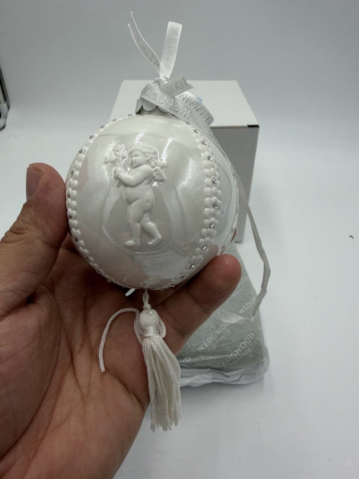 Wedgwood White Porcelain Jasperware Inlay Cameo Cherub Ball Christmas Ornament