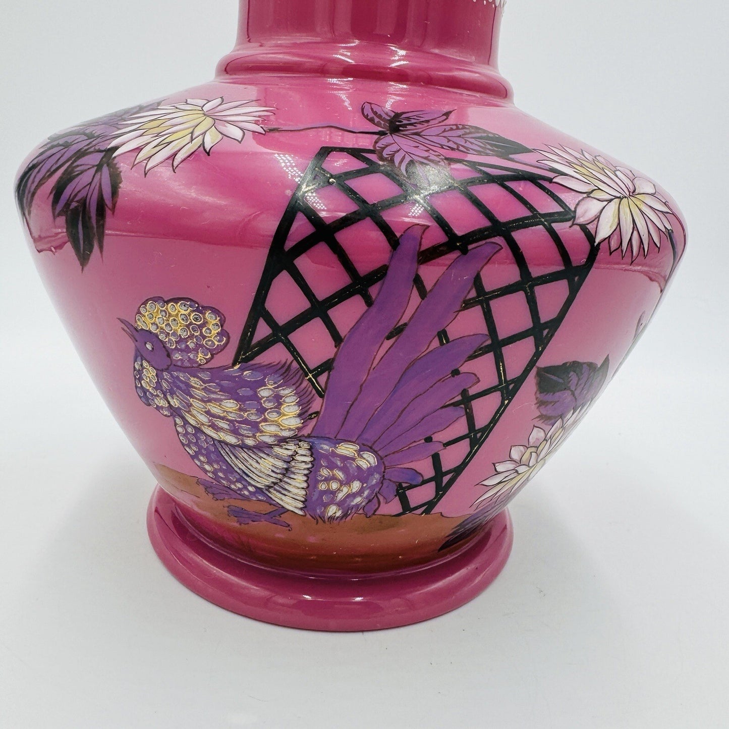 Victorian Aesthetic Pink Opaline Glass Vase Roosters Fighting Daisies Large Rare